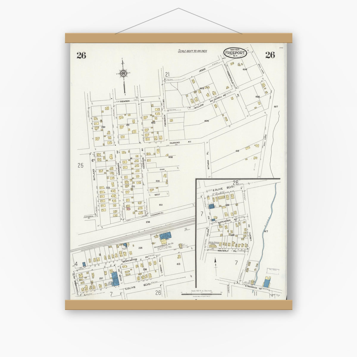 Old map wall art mockup — magnetic wood frame on white wall — Sanborn Fire Insurance Map from Freeport, Nassau County, New York (1925), Sheet #0026