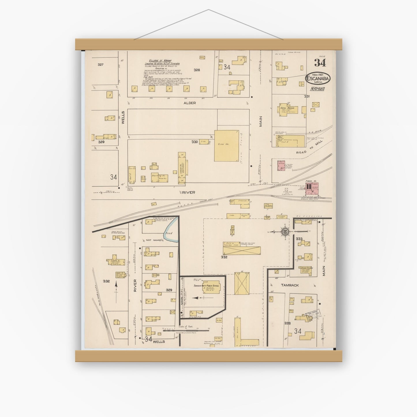 Old map wall art mockup — magnetic wood frame on white wall — Sanborn Fire Insurance Map from Escanaba, Delta County, Michigan (1921), Sheet #0034