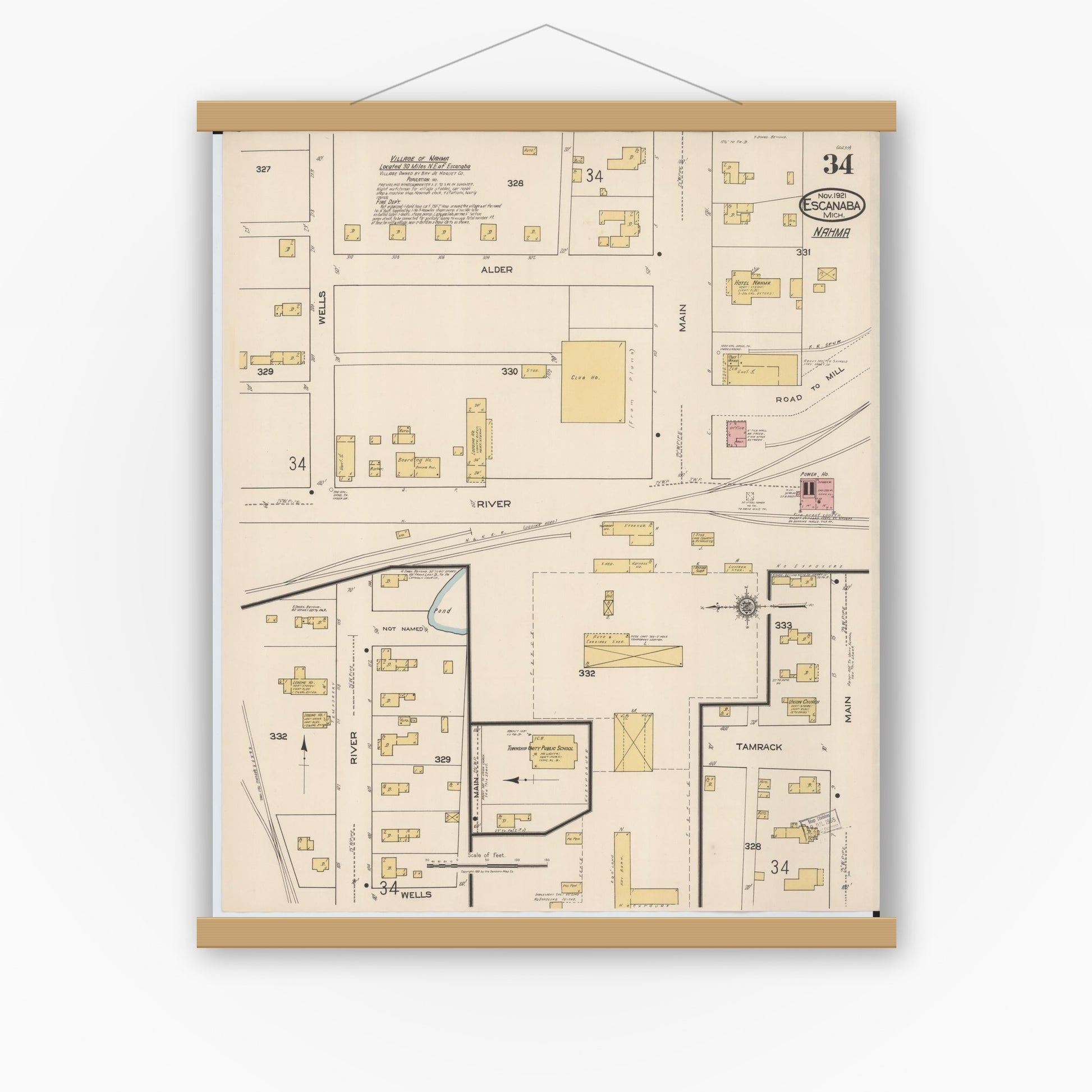 Old map wall art mockup — magnetic wood frame on white wall — Sanborn Fire Insurance Map from Escanaba, Delta County, Michigan (1921), Sheet #0034