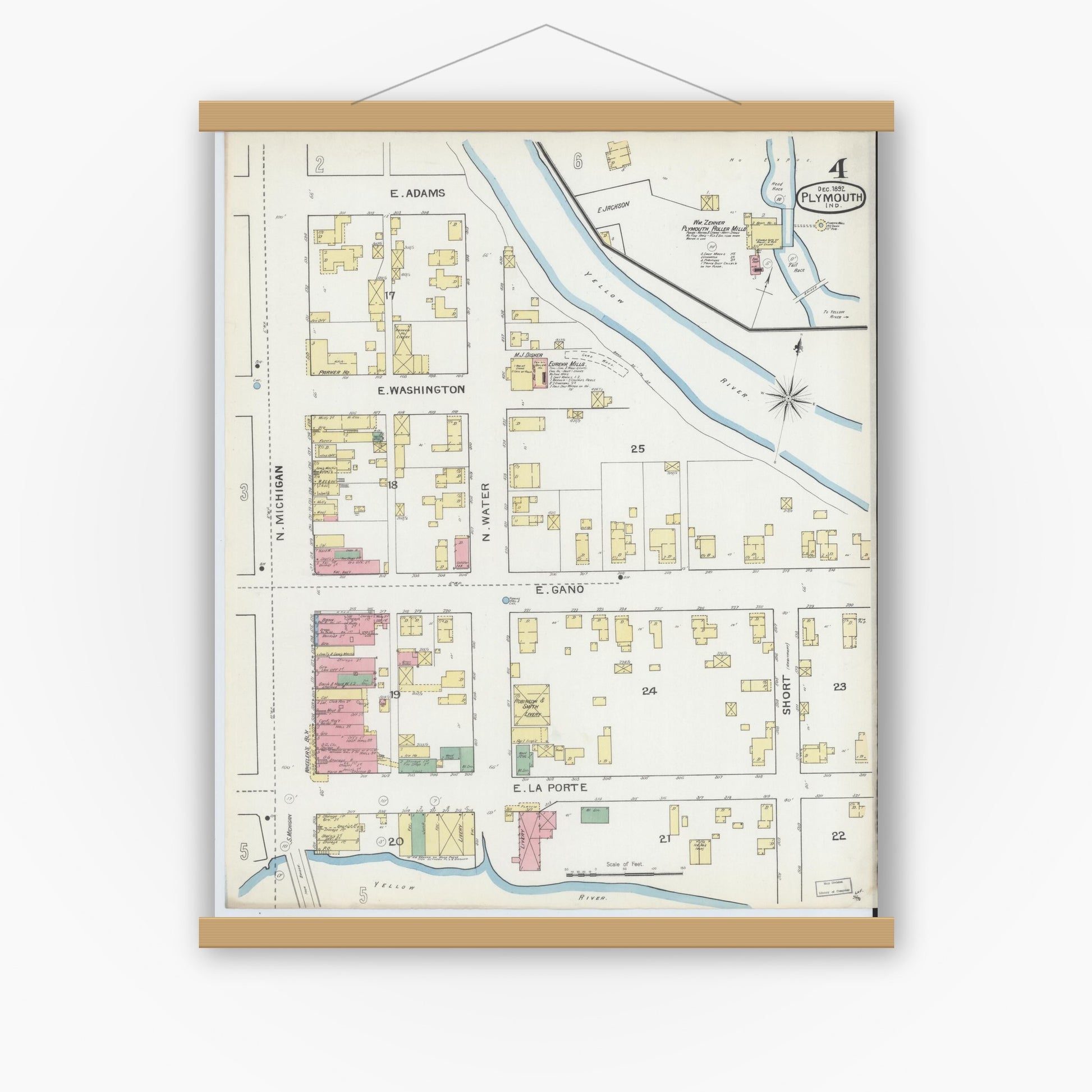 Old map wall art mockup — magnetic wood frame on white wall — Sanborn Fire Insurance Map from Plymouth, Marhshall County, Indiana (1892), Sheet #0004