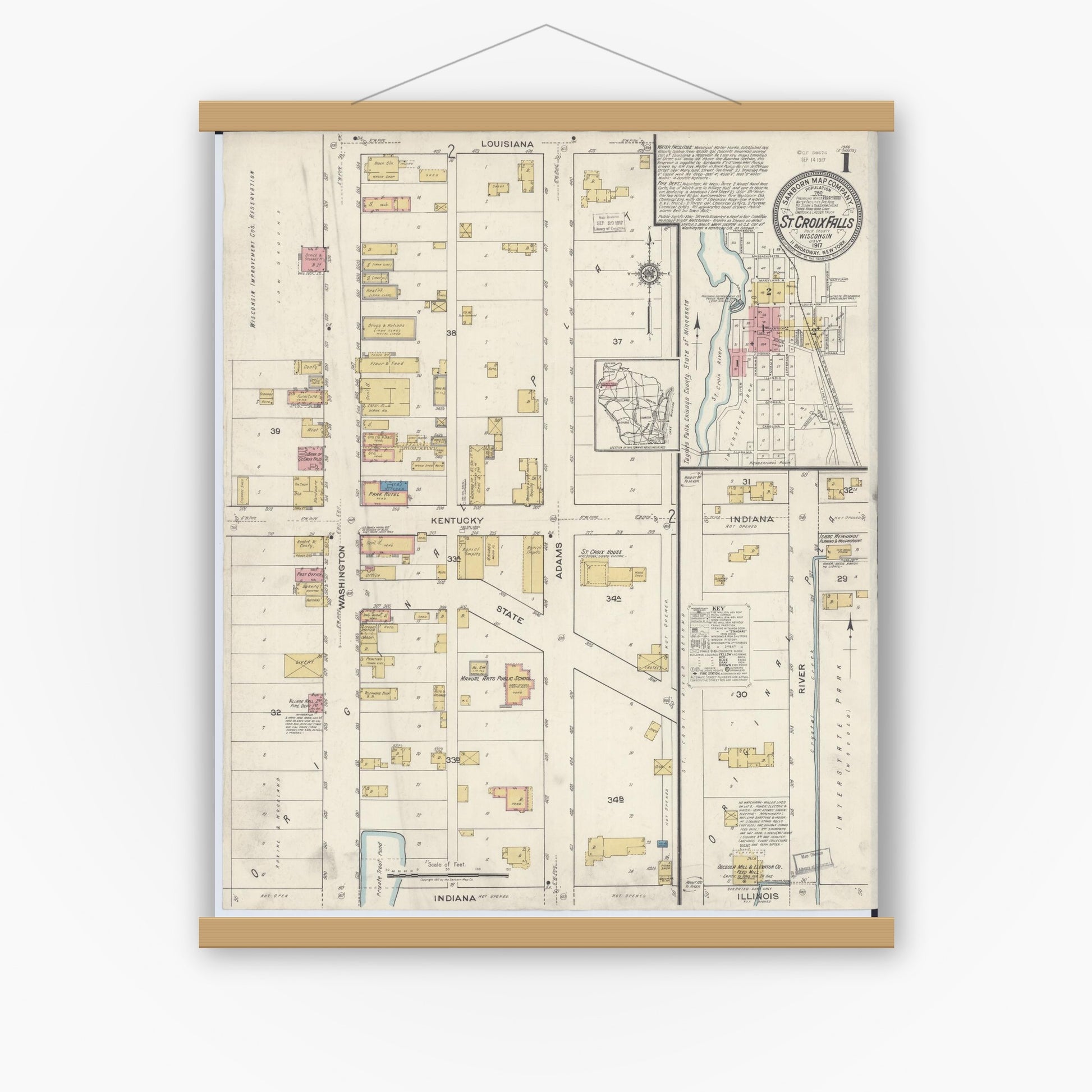 Old map wall art mockup — magnetic wood frame on white wall — Sanborn Fire Insurance Map from Saint Croix Falls, Polk County, Wisconsin (1917), Sheet #0001