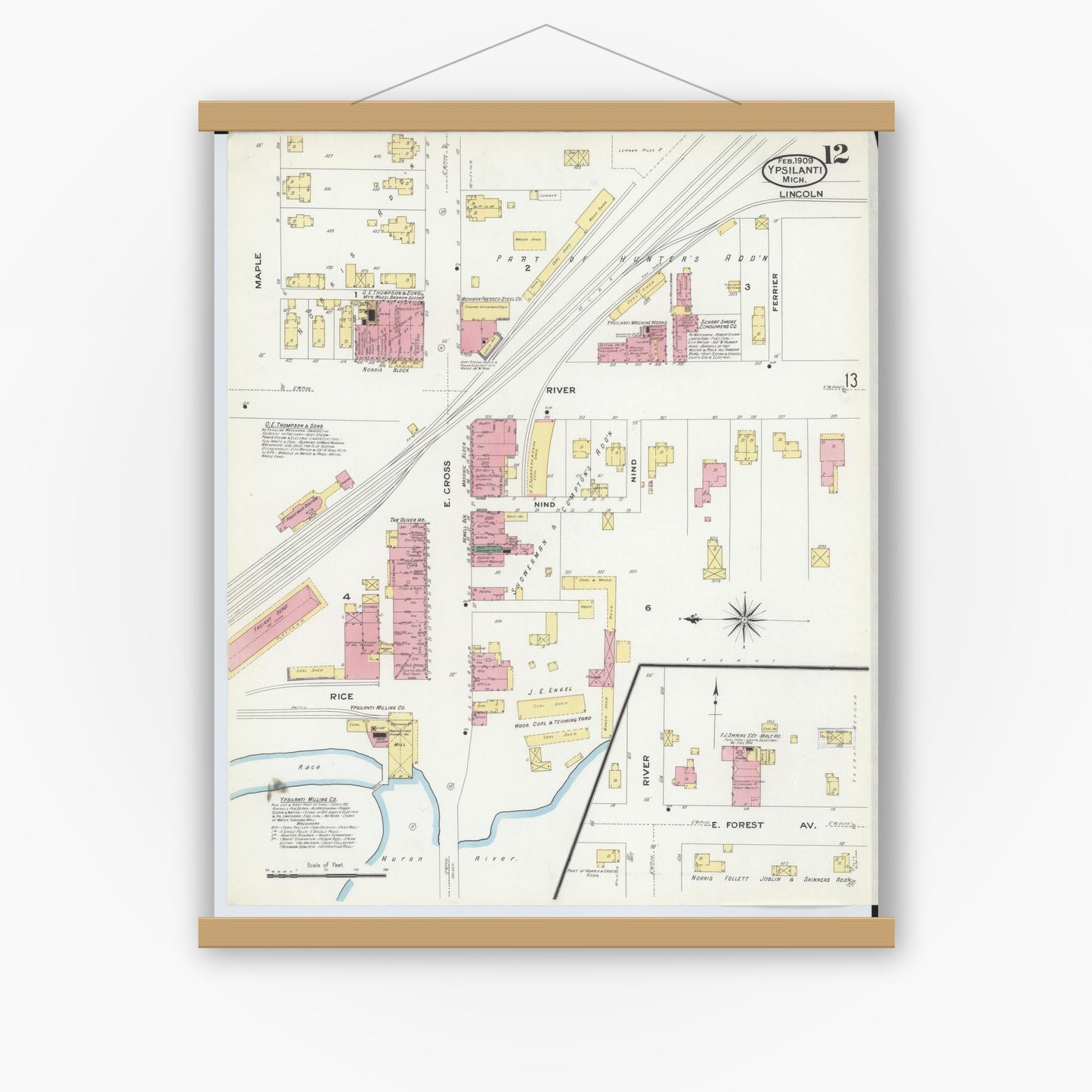 Old map wall art mockup — magnetic wood frame on white wall — Sanborn Fire Insurance Map from Ypsilanti, Washtenaw County, Michigan (1909), Sheet #0012
