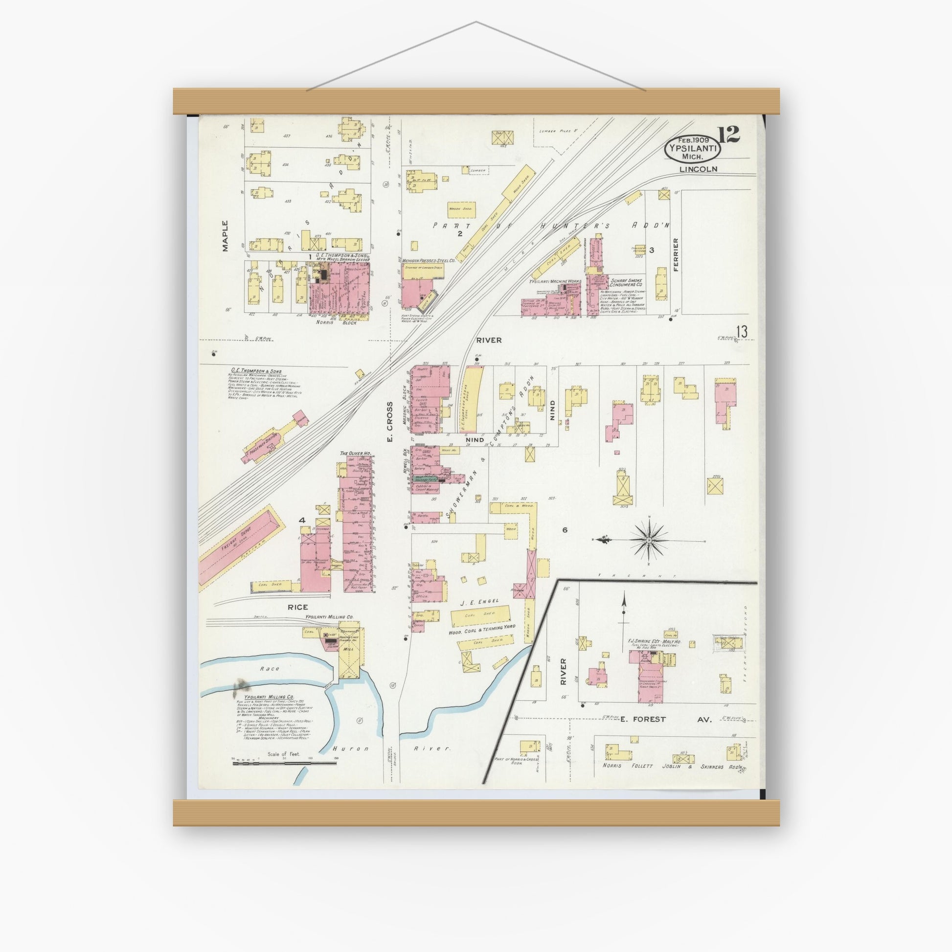 Old map wall art mockup — magnetic wood frame on white wall — Sanborn Fire Insurance Map from Ypsilanti, Washtenaw County, Michigan (1909), Sheet #0012