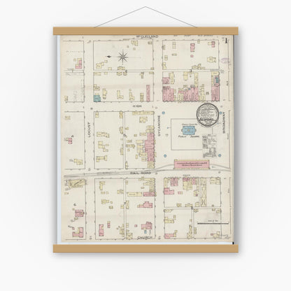 Old map wall art mockup — magnetic wood frame on white wall — Sanborn Fire Insurance Map from Bedford, Lawrence County, Indiana (1886) - Complete Map Set