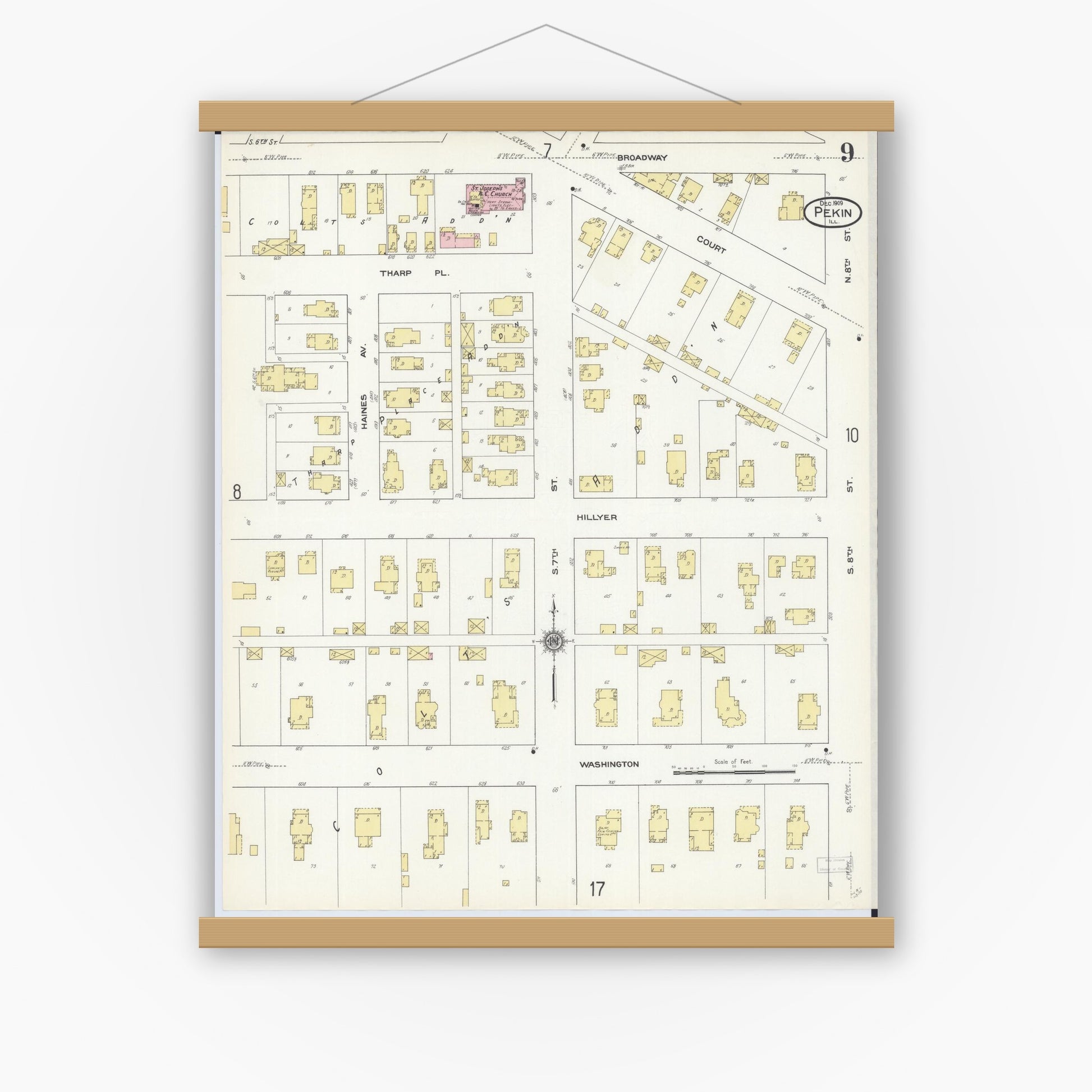 Old map wall art mockup — magnetic wood frame on white wall — Sanborn Fire Insurance Map from Pekin, Tazewell County, Illinois (1909), Sheet #0009