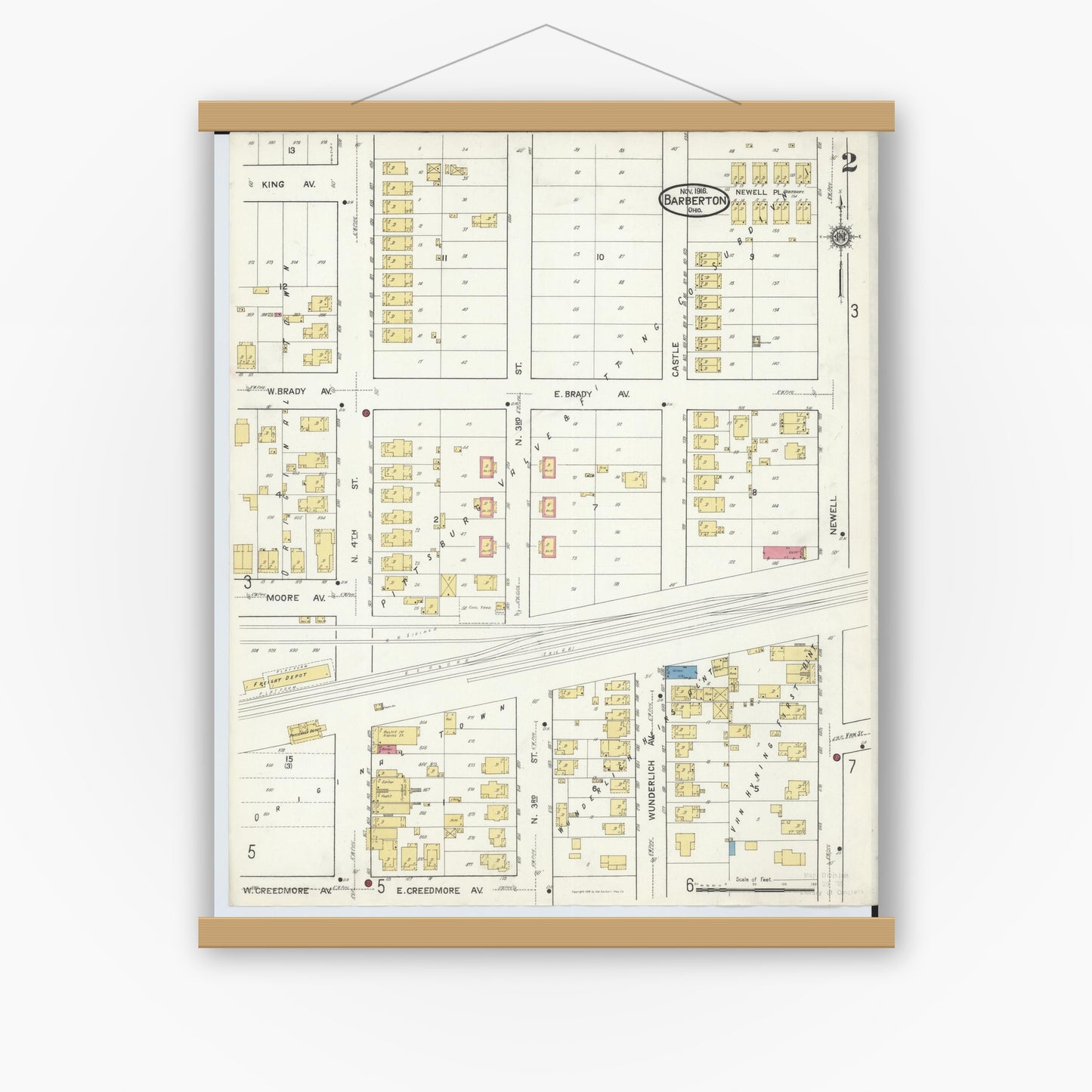 Old map wall art mockup — magnetic wood frame on white wall — Sanborn Fire Insurance Map from Barberton, Summit County, Ohio (1916), Sheet #0002