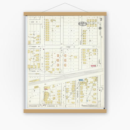 Old map wall art mockup — magnetic wood frame on white wall — Sanborn Fire Insurance Map from Barberton, Summit County, Ohio (1916), Sheet #0002