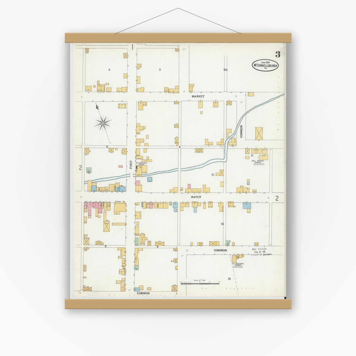 Old map wall art mockup — magnetic wood frame on white wall — Sanborn Fire Insurance Map from McConnellsburgh, Fulton County, Pennsylvania (1899), Sheet #0003