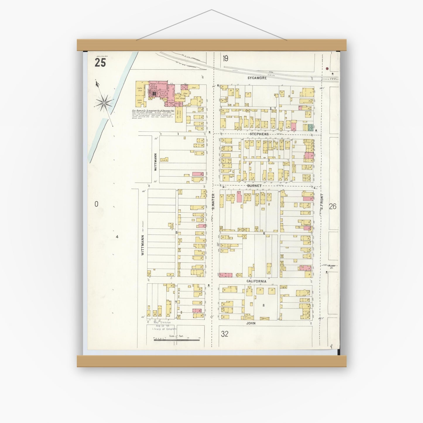 Old map wall art mockup — magnetic wood frame on white wall — Sanborn Fire Insurance Map from Hamilton, Butler County, Ohio (1899), Sheet #0025