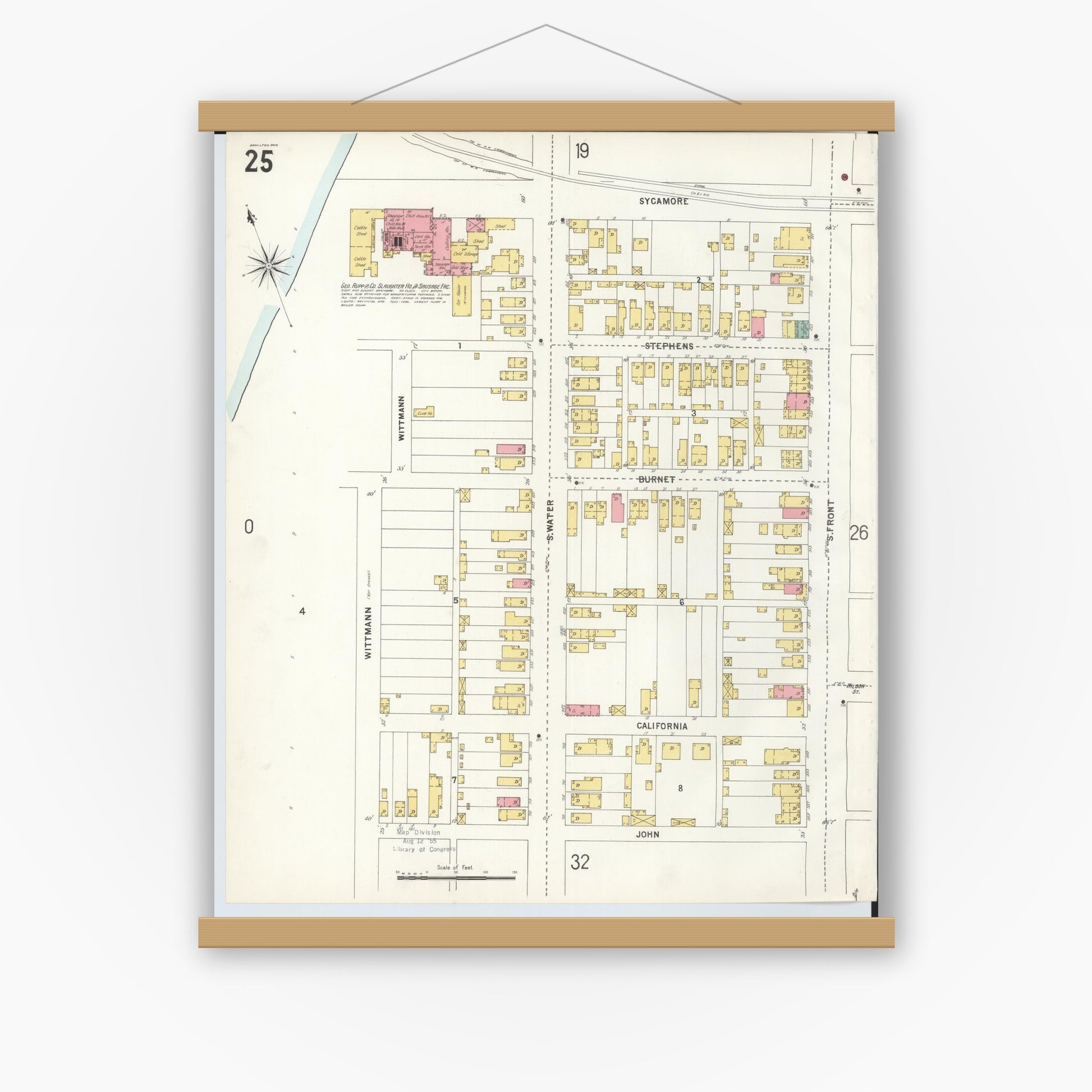 Old map wall art mockup — magnetic wood frame on white wall — Sanborn Fire Insurance Map from Hamilton, Butler County, Ohio (1899), Sheet #0025