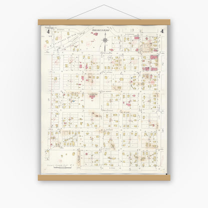 Old map wall art mockup — magnetic wood frame on white wall — Sanborn Fire Insurance Map from Petersburg, Menard County, Illinois (1943), Sheet #0004