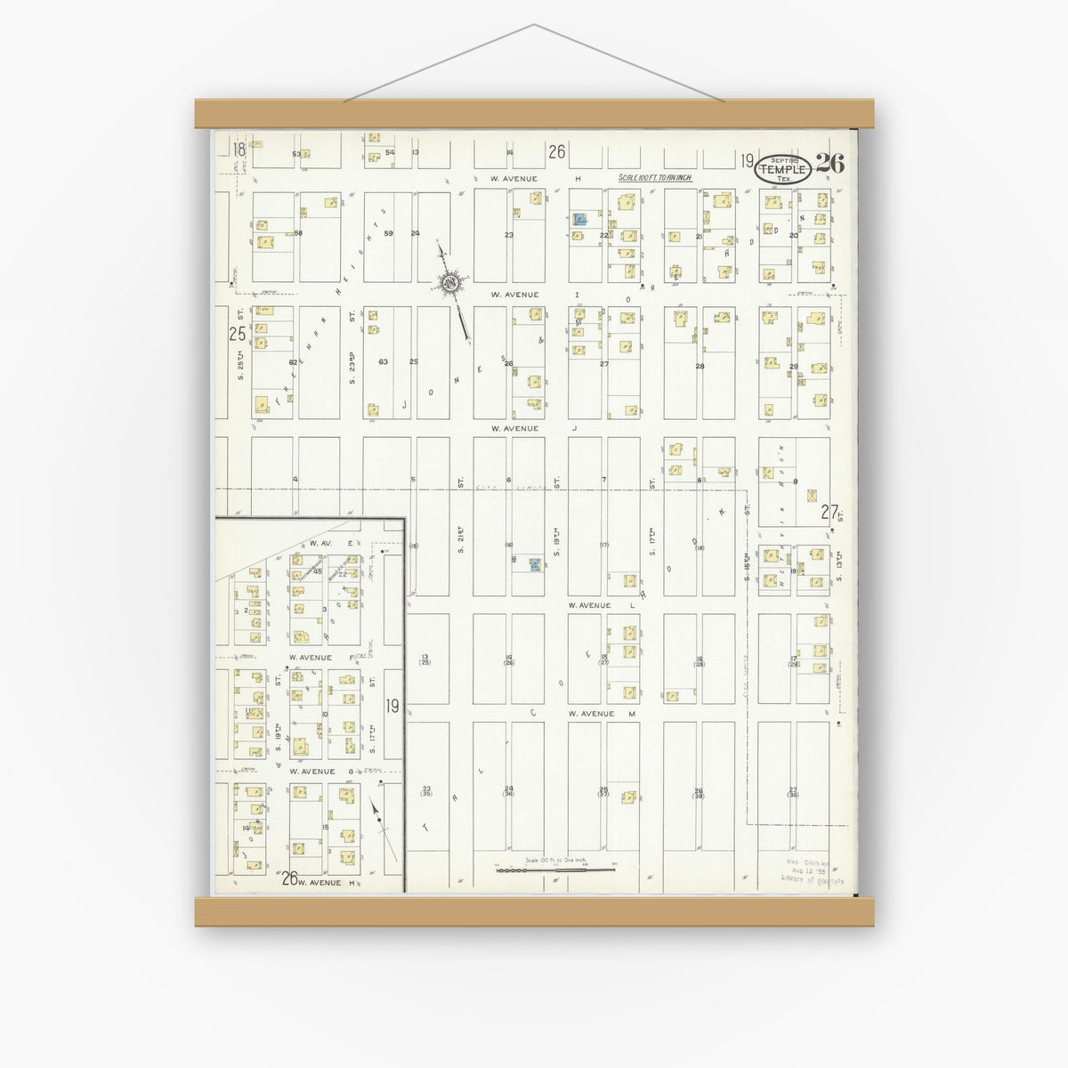 Old map wall art mockup — magnetic wood frame on white wall — Sanborn Fire Insurance Map from Temple, Bell County, Texas (1915), Sheet #0026