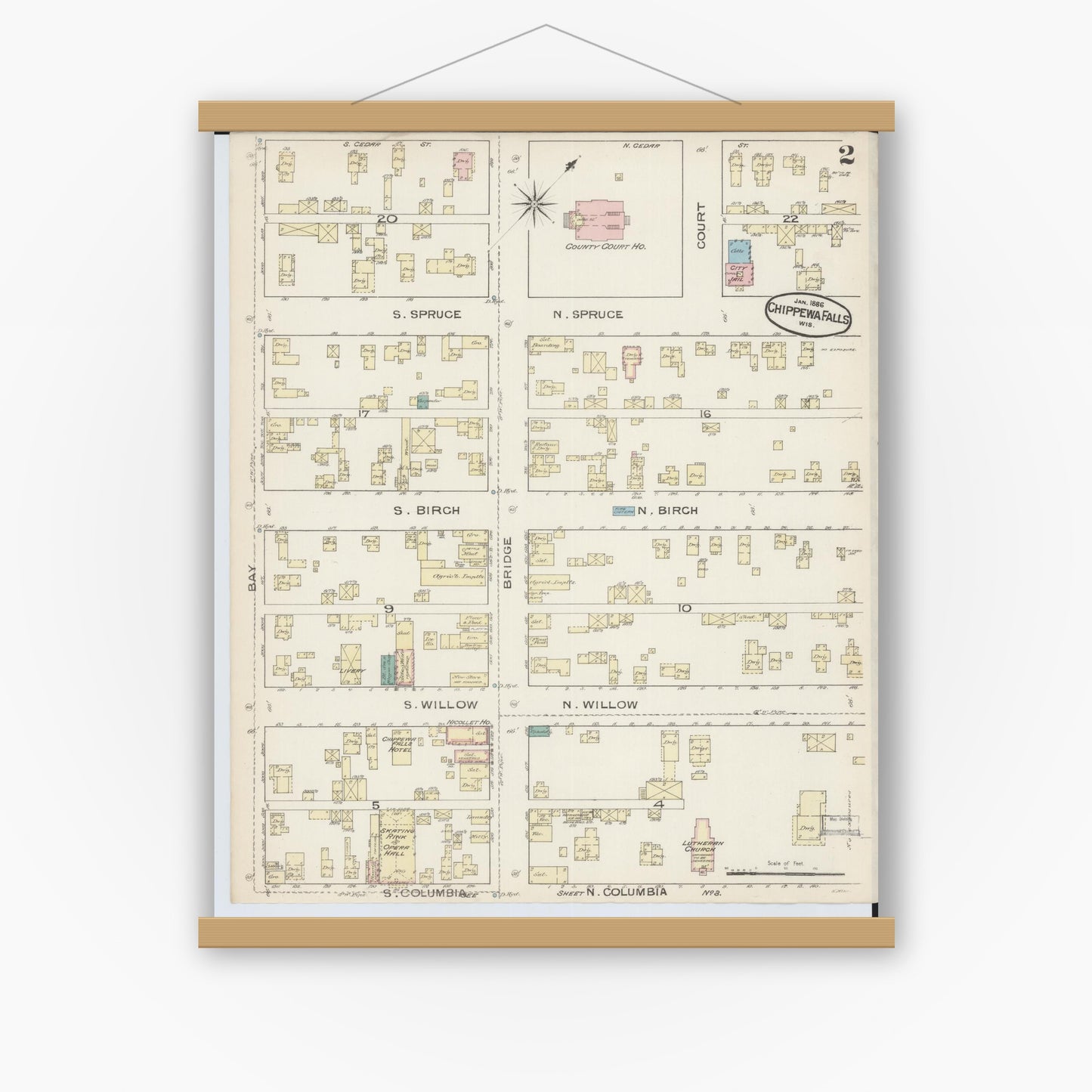 Old map wall art mockup — magnetic wood frame on white wall — Sanborn Fire Insurance Map from Chippewa Falls, Chippewa County, Wisconsin (1886), Sheet #0002