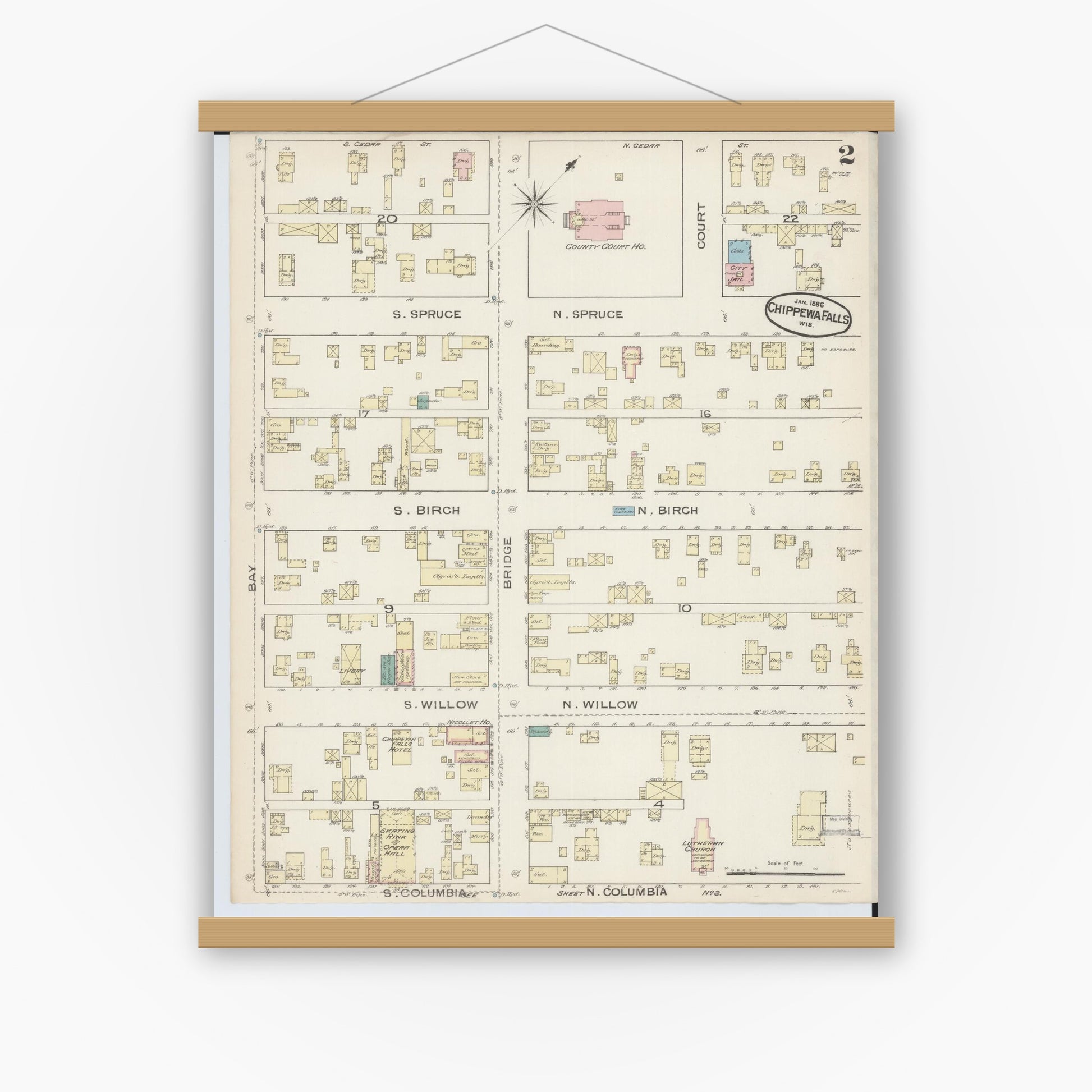 Old map wall art mockup — magnetic wood frame on white wall — Sanborn Fire Insurance Map from Chippewa Falls, Chippewa County, Wisconsin (1886), Sheet #0002