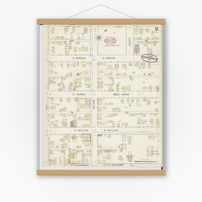 Old map wall art mockup — magnetic wood frame on white wall — Sanborn Fire Insurance Map from Chippewa Falls, Chippewa County, Wisconsin (1886), Sheet #0002