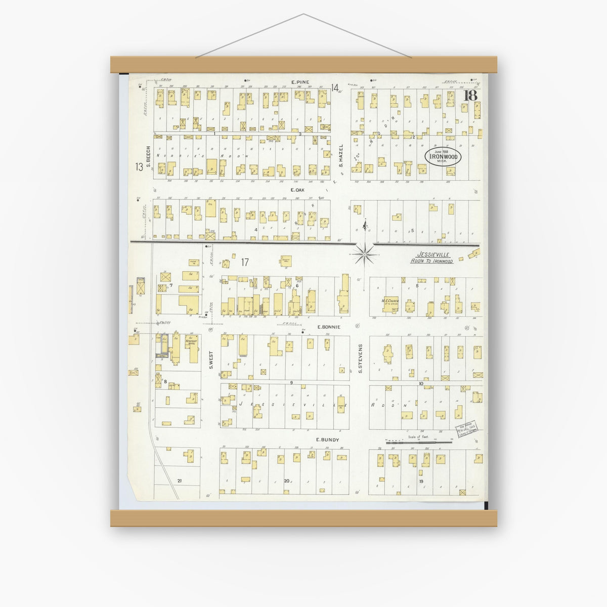 Old map wall art mockup — magnetic wood frame on white wall — Sanborn Fire Insurance Map from Ironwood, Gogebic County, Michigan (1908), Sheet #0018