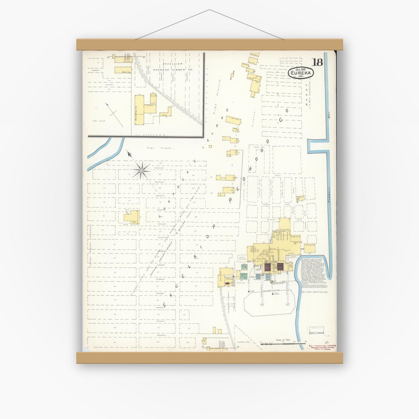 Old map wall art mockup — magnetic wood frame on white wall — Sanborn Fire Insurance Map from Eureka, Humboldt County, California (1892), Sheet #0018