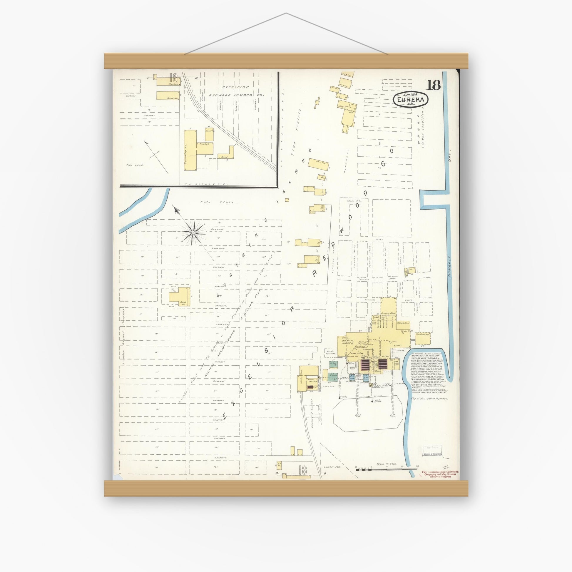 Old map wall art mockup — magnetic wood frame on white wall — Sanborn Fire Insurance Map from Eureka, Humboldt County, California (1892), Sheet #0018