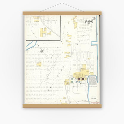 Old map wall art mockup — magnetic wood frame on white wall — Sanborn Fire Insurance Map from Eureka, Humboldt County, California (1892), Sheet #0018