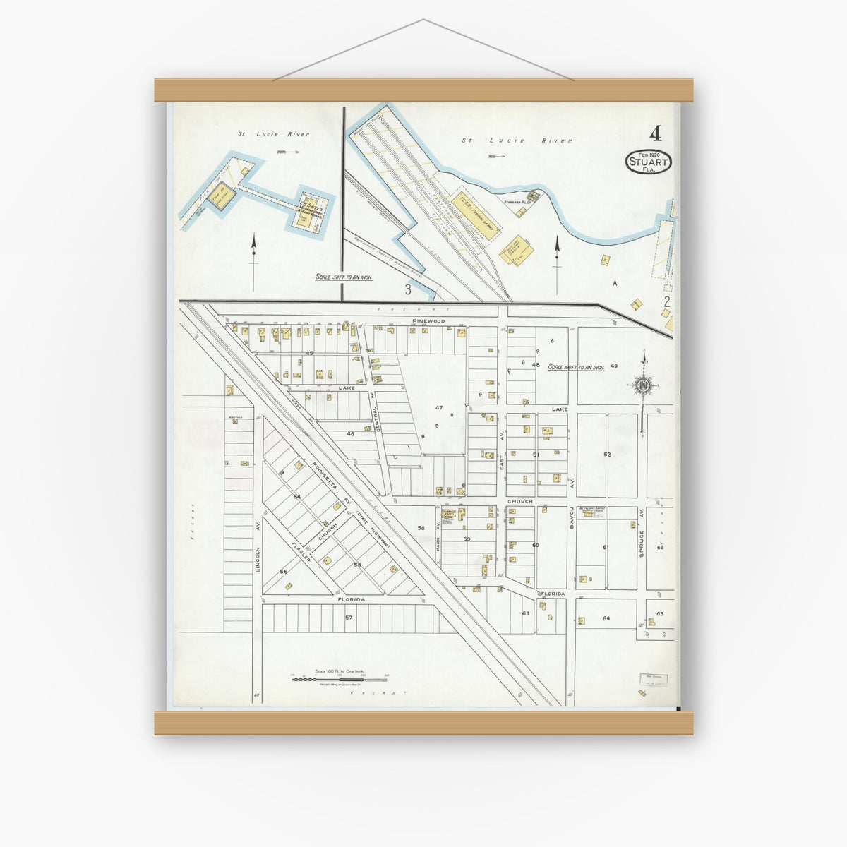 Old map wall art mockup — magnetic wood frame on white wall — Sanborn Fire Insurance Map from Stuart, Martin County, Florida (1920), Sheet #0004