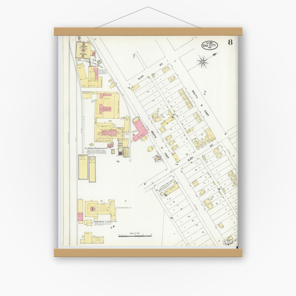 Old map wall art mockup — magnetic wood frame on white wall — Sanborn Fire Insurance Map from Gas City, Grant County, Indiana (1904), Sheet #0008
