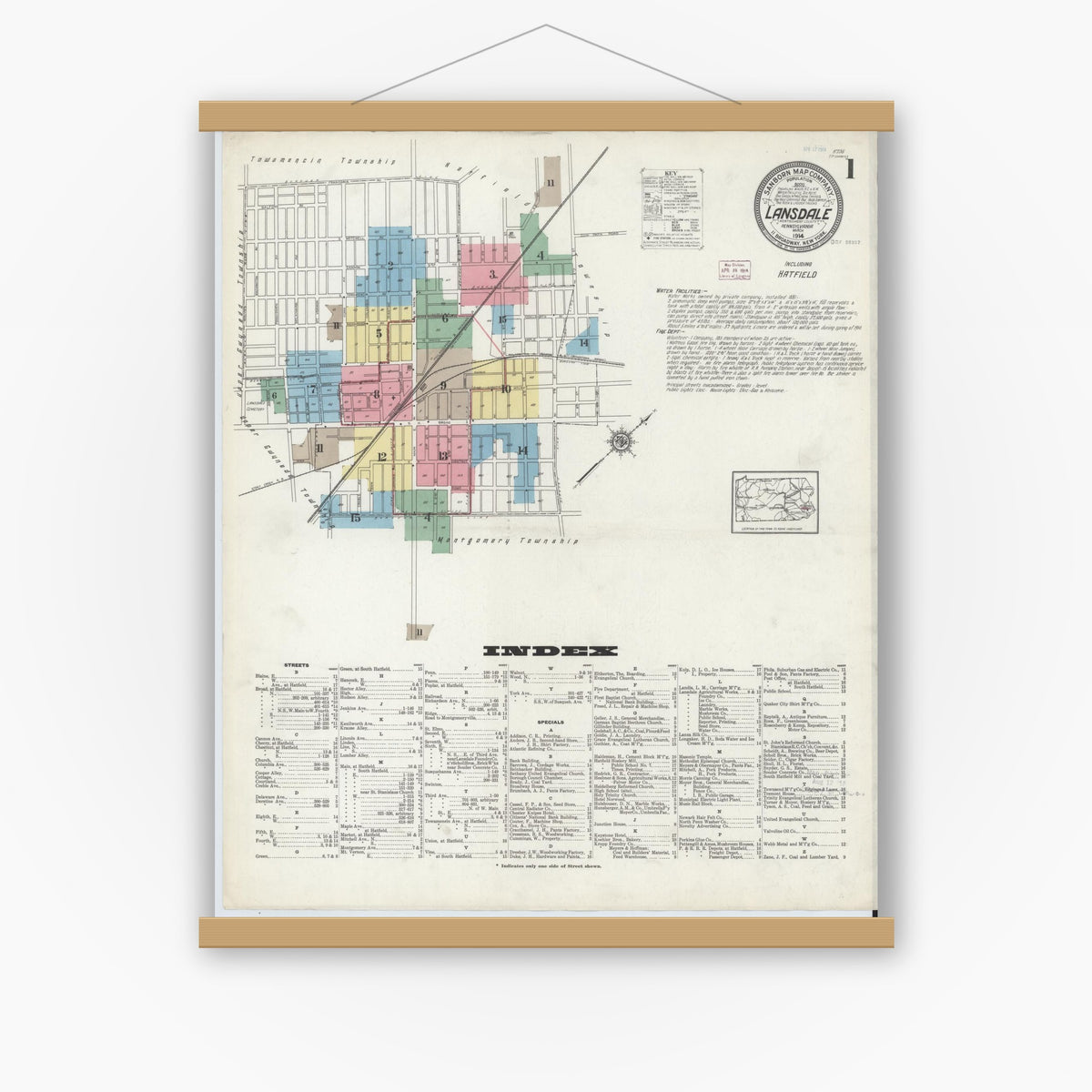 Old map wall art mockup — magnetic wood frame on white wall — Sanborn Fire Insurance Map from Lansdale, Montgomery County, Pennsylvania (1914), Sheet #0001
