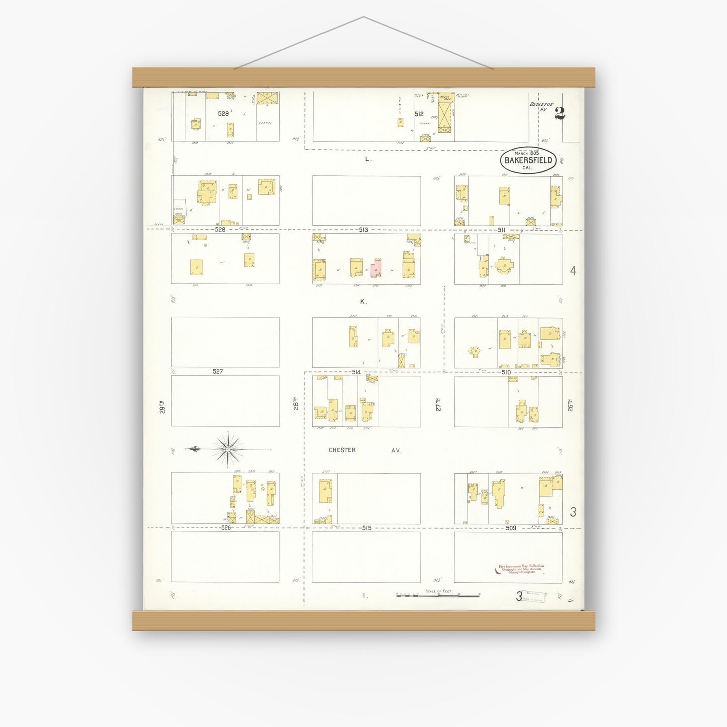 Old map wall art mockup — magnetic wood frame on white wall — Sanborn Fire Insurance Map from Bakersfield, Kern County, California (1905), Sheet #0002