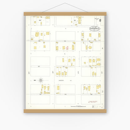 Old map wall art mockup — magnetic wood frame on white wall — Sanborn Fire Insurance Map from Bakersfield, Kern County, California (1905), Sheet #0002