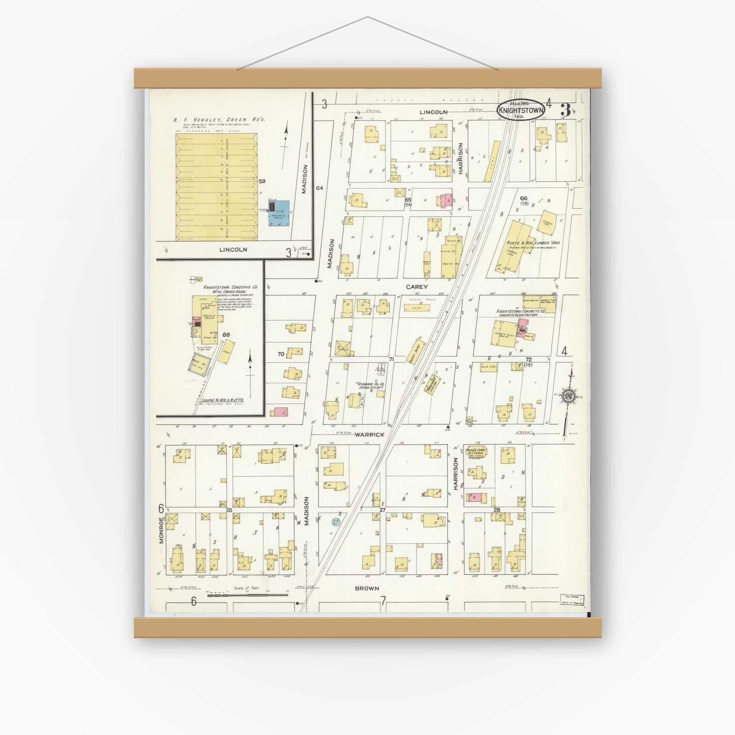 Old map wall art mockup — magnetic wood frame on white wall — Sanborn Fire Insurance Map from Knightstown, Henry County, Indiana (1916), Sheet #0003