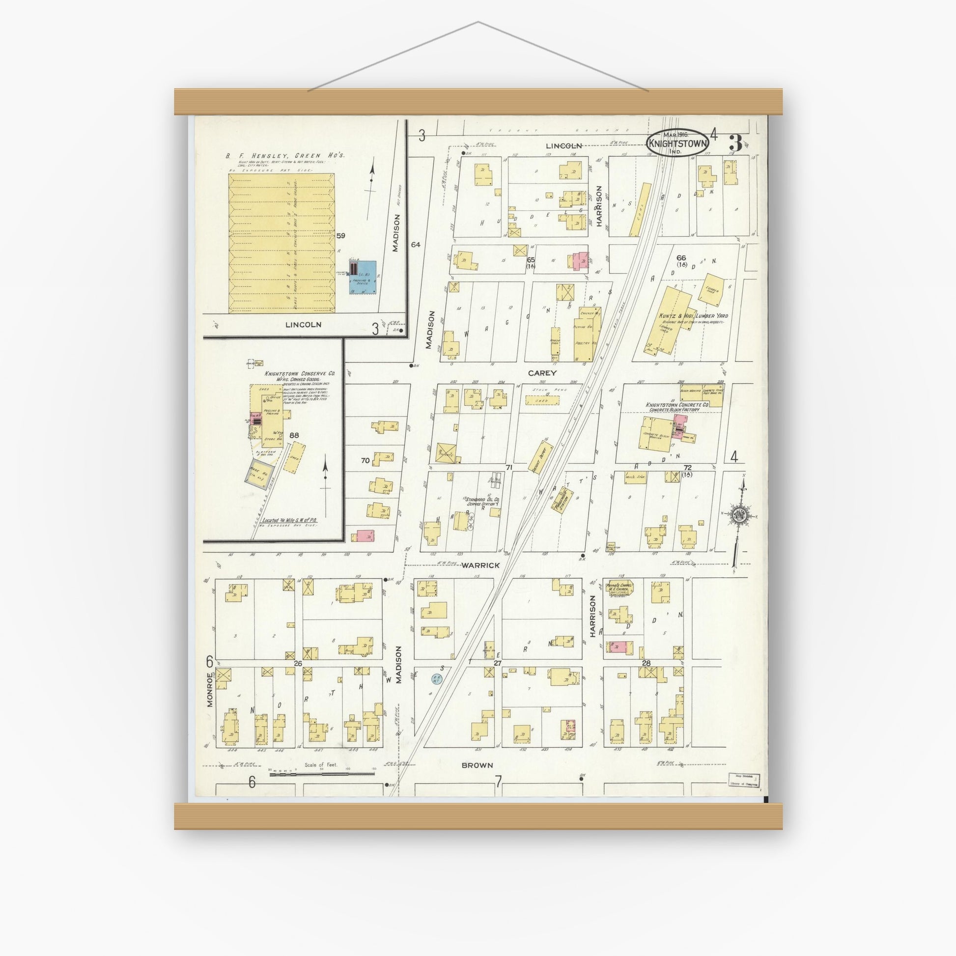 Old map wall art mockup — magnetic wood frame on white wall — Sanborn Fire Insurance Map from Knightstown, Henry County, Indiana (1916), Sheet #0003