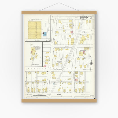 Old map wall art mockup — magnetic wood frame on white wall — Sanborn Fire Insurance Map from Knightstown, Henry County, Indiana (1916), Sheet #0003