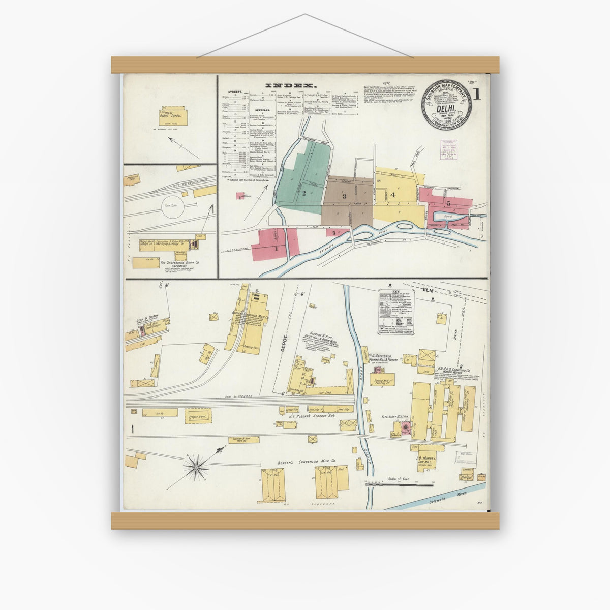 Old map wall art mockup — magnetic wood frame on white wall — Sanborn Fire Insurance Map from Delhi, Delaware County, New York (1903) - Complete Map Set