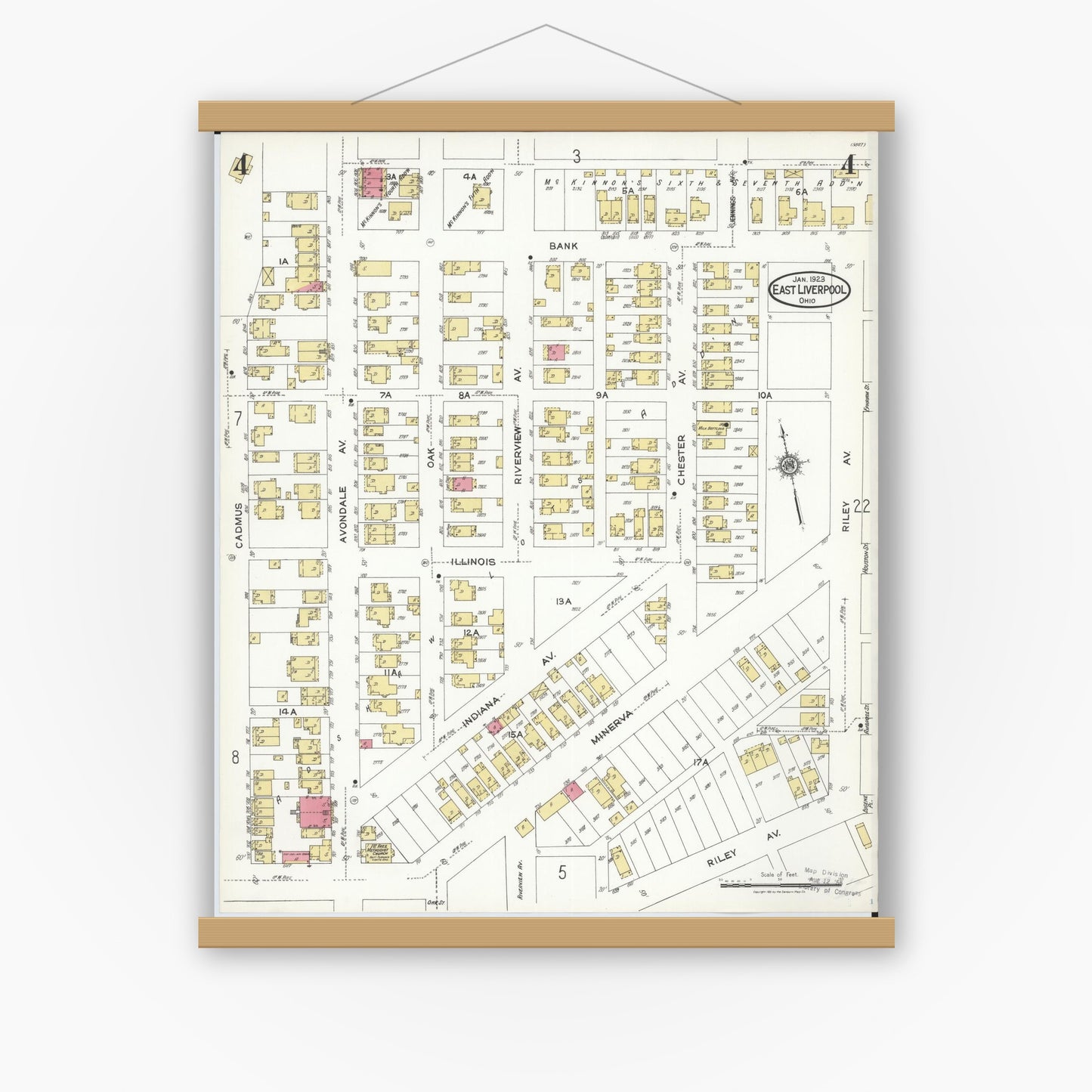 Old map wall art mockup — magnetic wood frame on white wall — Sanborn Fire Insurance Map from East Liverpool, Columbiana County, Ohio (1923), Sheet #0004