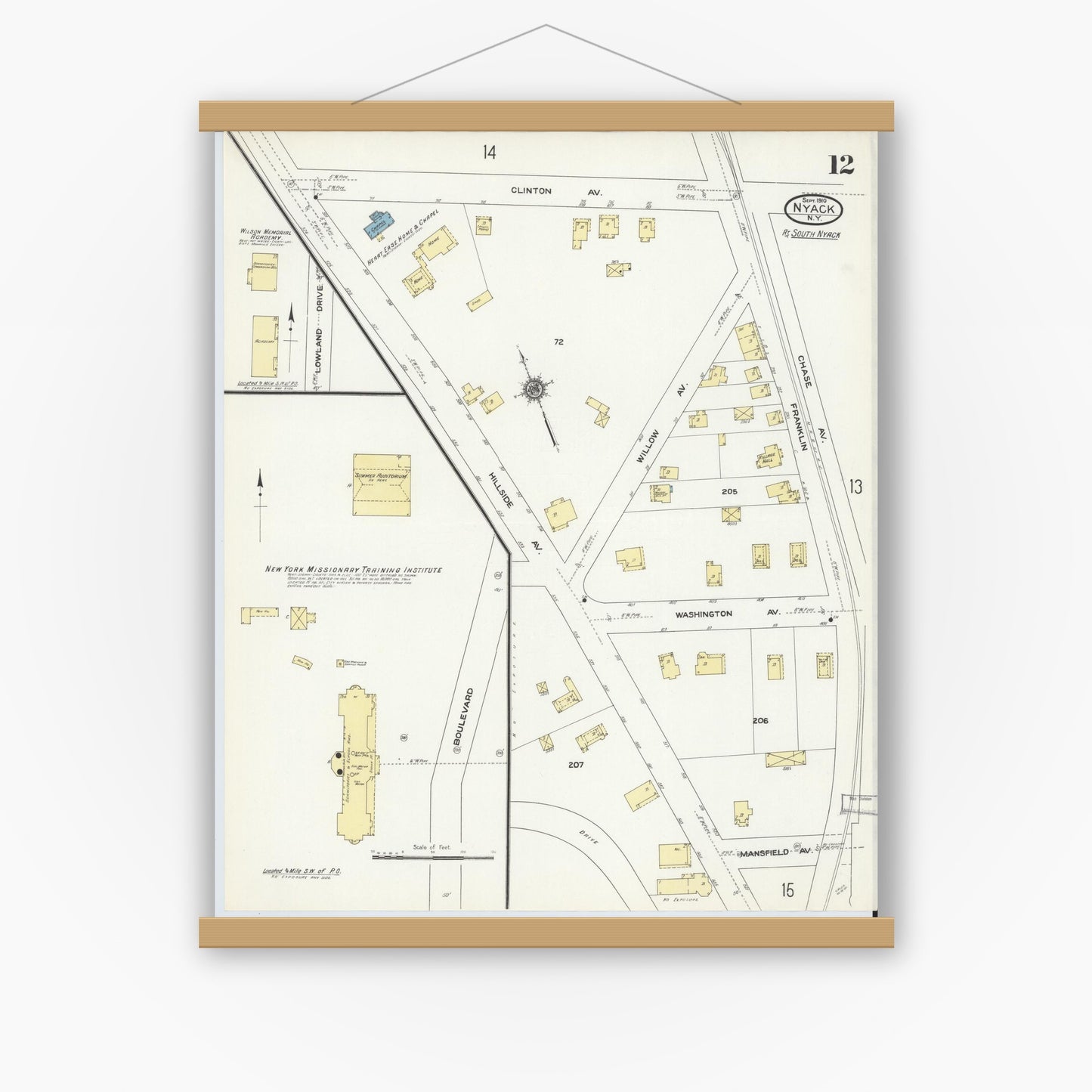 Old map wall art mockup — magnetic wood frame on white wall — Sanborn Fire Insurance Map from Nyack, Rockland County, New York. (1910), Sheet #0012