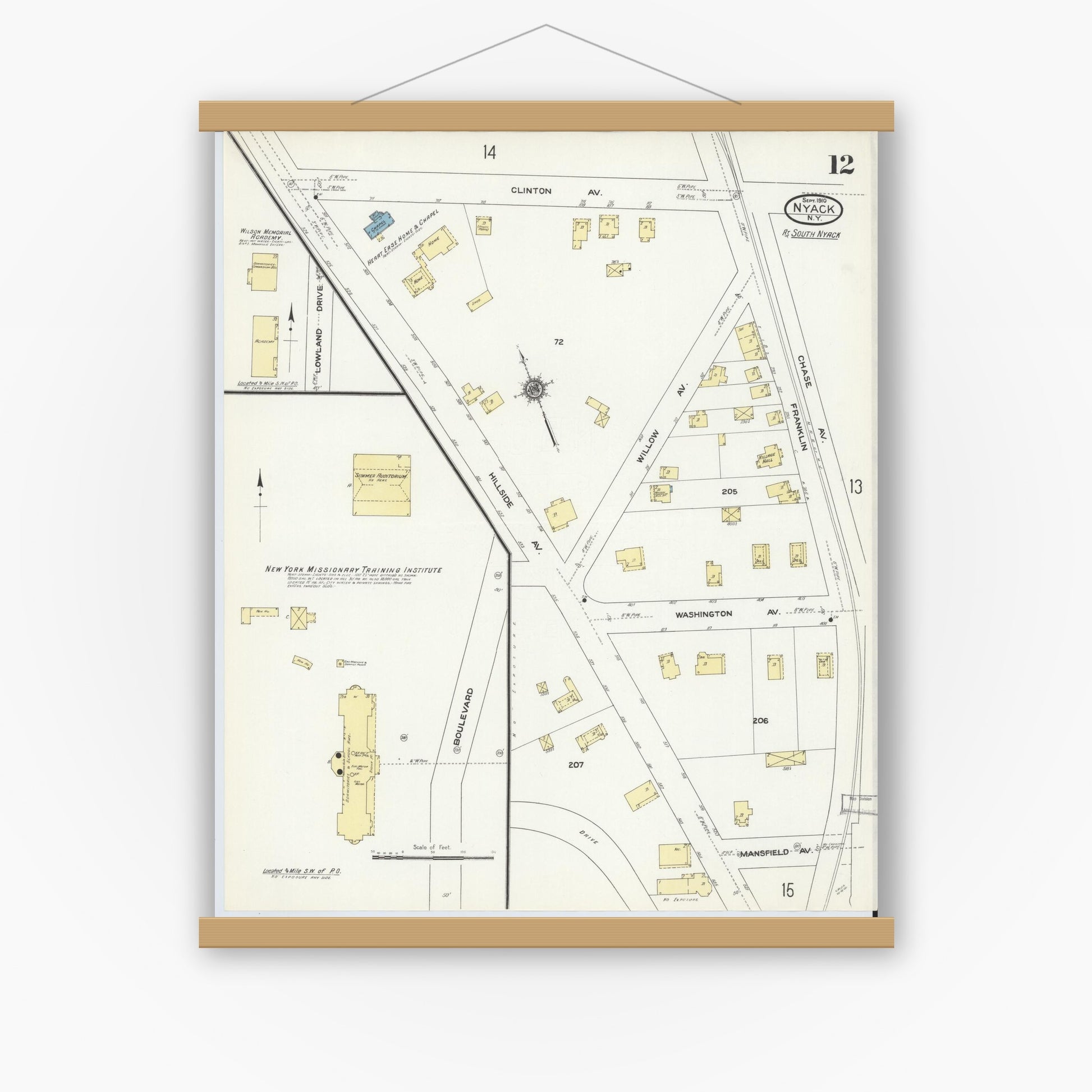 Old map wall art mockup — magnetic wood frame on white wall — Sanborn Fire Insurance Map from Nyack, Rockland County, New York. (1910), Sheet #0012