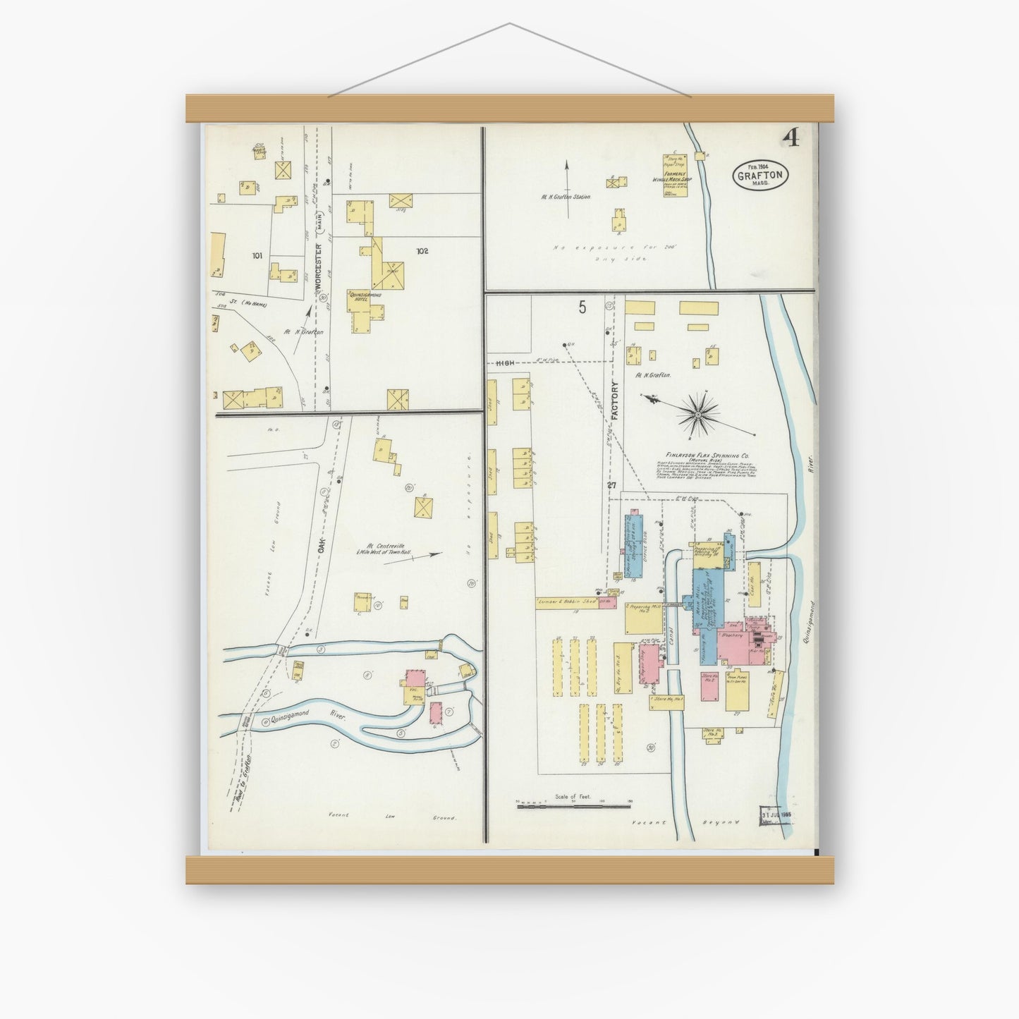 Old map wall art mockup — magnetic wood frame on white wall — Sanborn Fire Insurance Map from Grafton, Worcester County, Massachusetts (1904), Sheet #0004