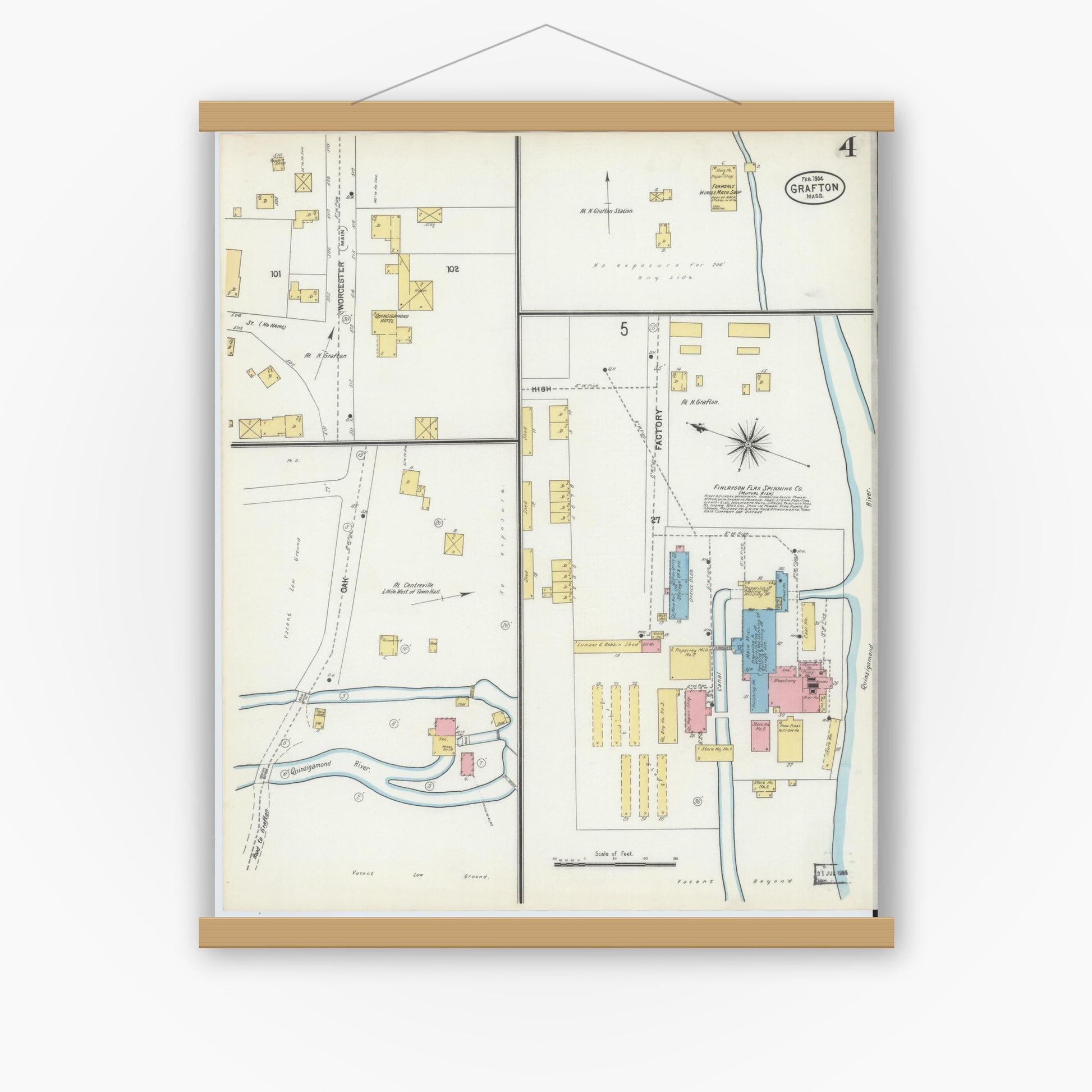 Old map wall art mockup — magnetic wood frame on white wall — Sanborn Fire Insurance Map from Grafton, Worcester County, Massachusetts (1904), Sheet #0004