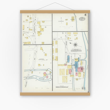 Old map wall art mockup — magnetic wood frame on white wall — Sanborn Fire Insurance Map from Grafton, Worcester County, Massachusetts (1904), Sheet #0004