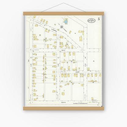 Old map wall art mockup — magnetic wood frame on white wall — Sanborn Fire Insurance Map from Bellwood, Blair County, Pennsylvania (1910), Sheet #0005