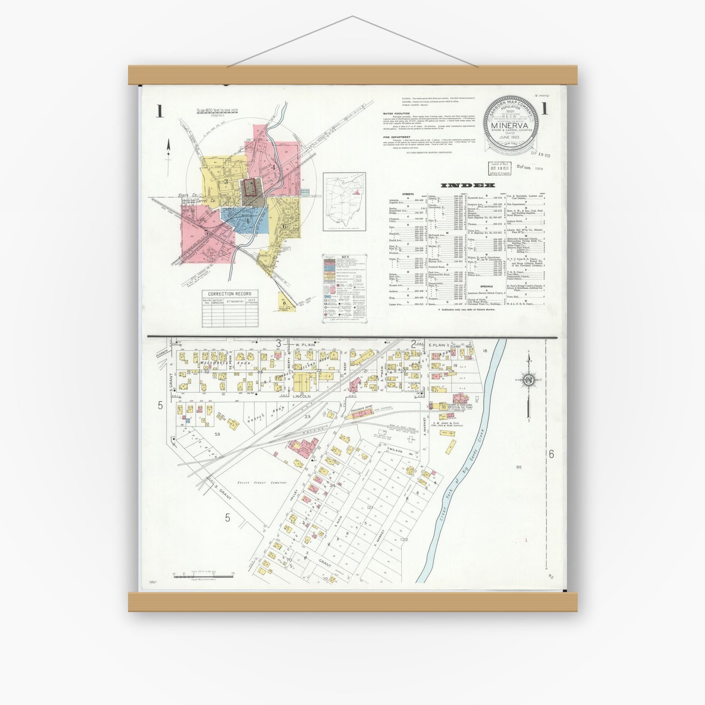 Old map wall art mockup — magnetic wood frame on white wall — Sanborn Fire Insurance Map from Minerva, Stark And Carroll Counties, Ohio (1933) - Complete Map Set