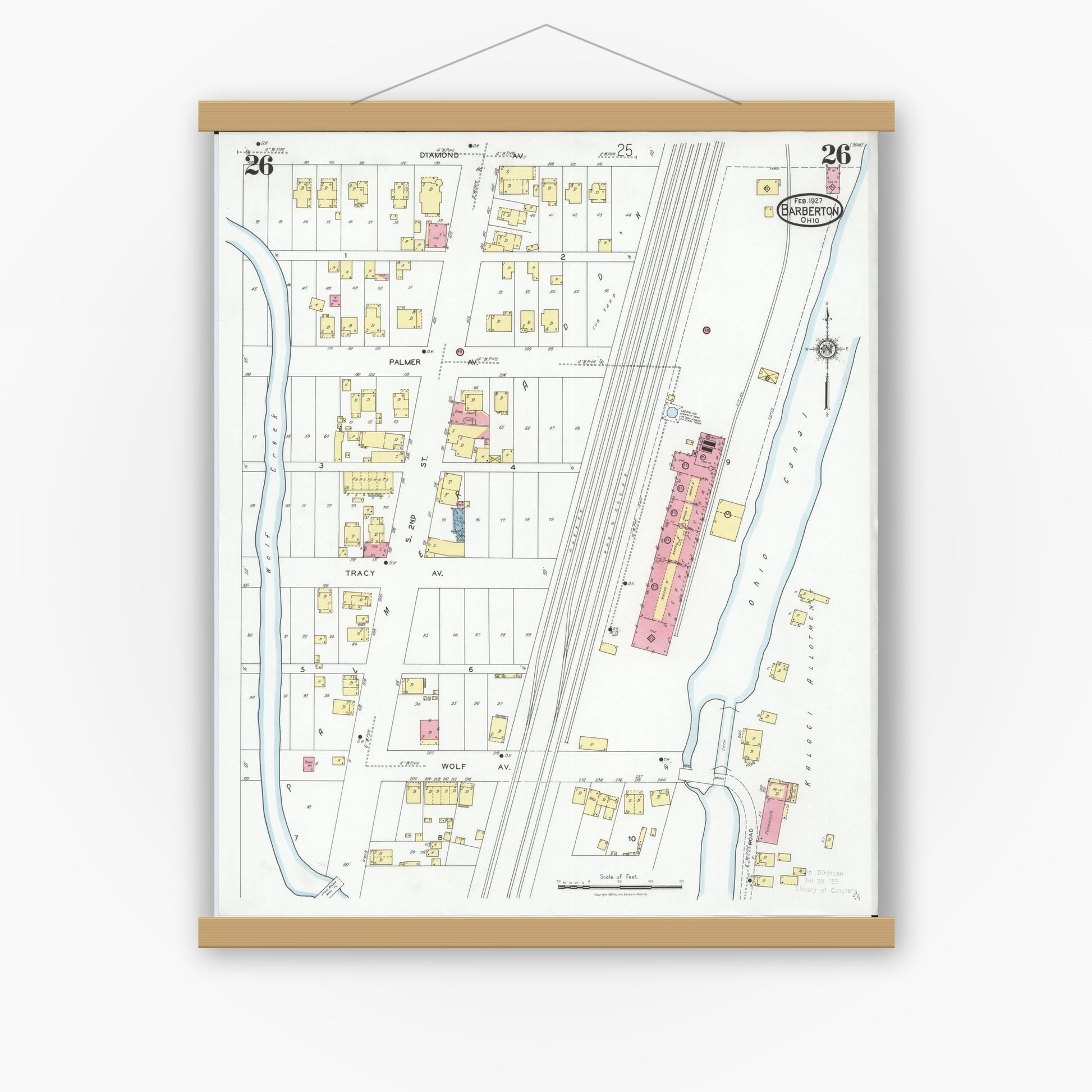 Old map wall art mockup — magnetic wood frame on white wall — Sanborn Fire Insurance Map from Barberton, Summit County, Ohio (1927), Sheet #0026