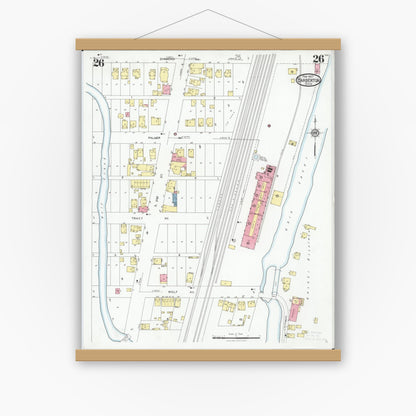Old map wall art mockup — magnetic wood frame on white wall — Sanborn Fire Insurance Map from Barberton, Summit County, Ohio (1927), Sheet #0026