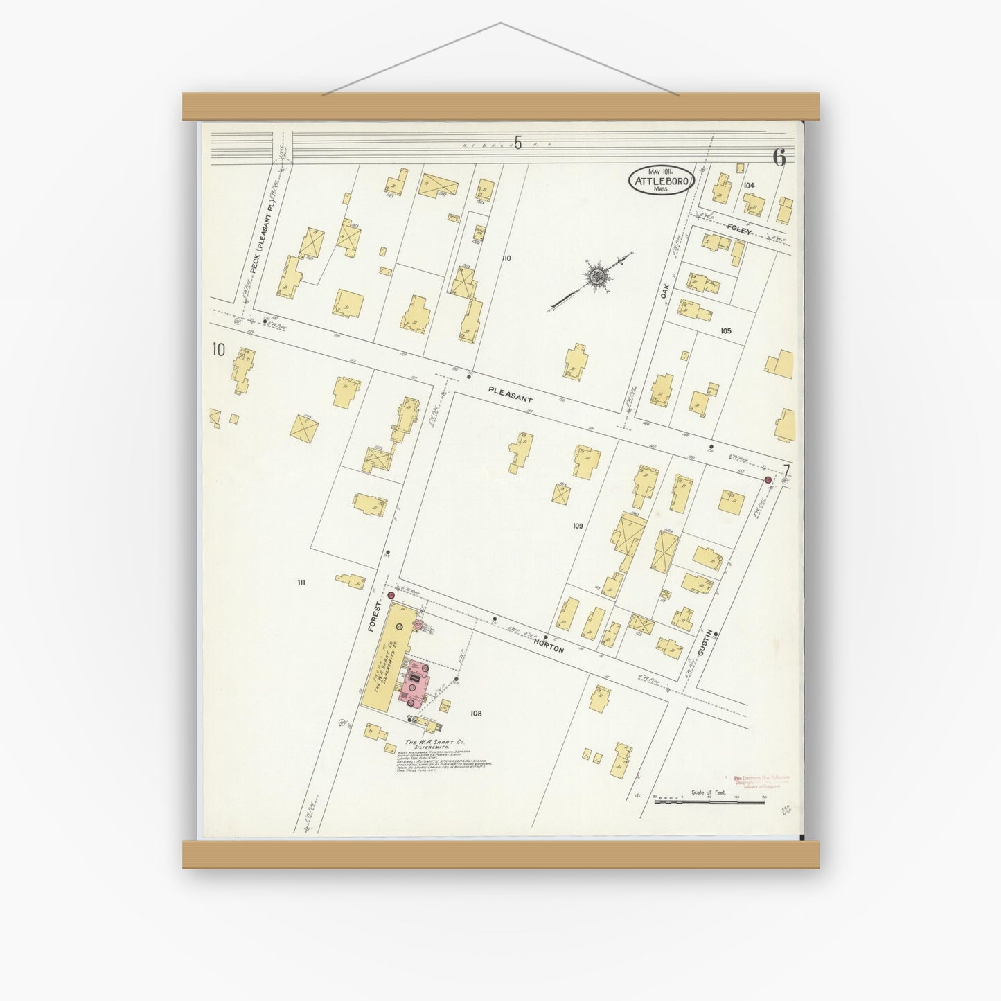 Old map wall art mockup — magnetic wood frame on white wall — Sanborn Fire Insurance Map from Attleboro, Bristol County, Massachusetts (1911), Sheet #0006