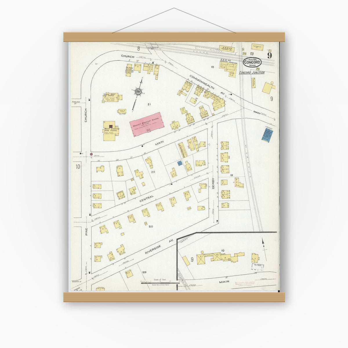 Old map wall art mockup — magnetic wood frame on white wall — Sanborn Fire Insurance Map from Concord, Middlesex County, Massachusetts (1918), Sheet #0009