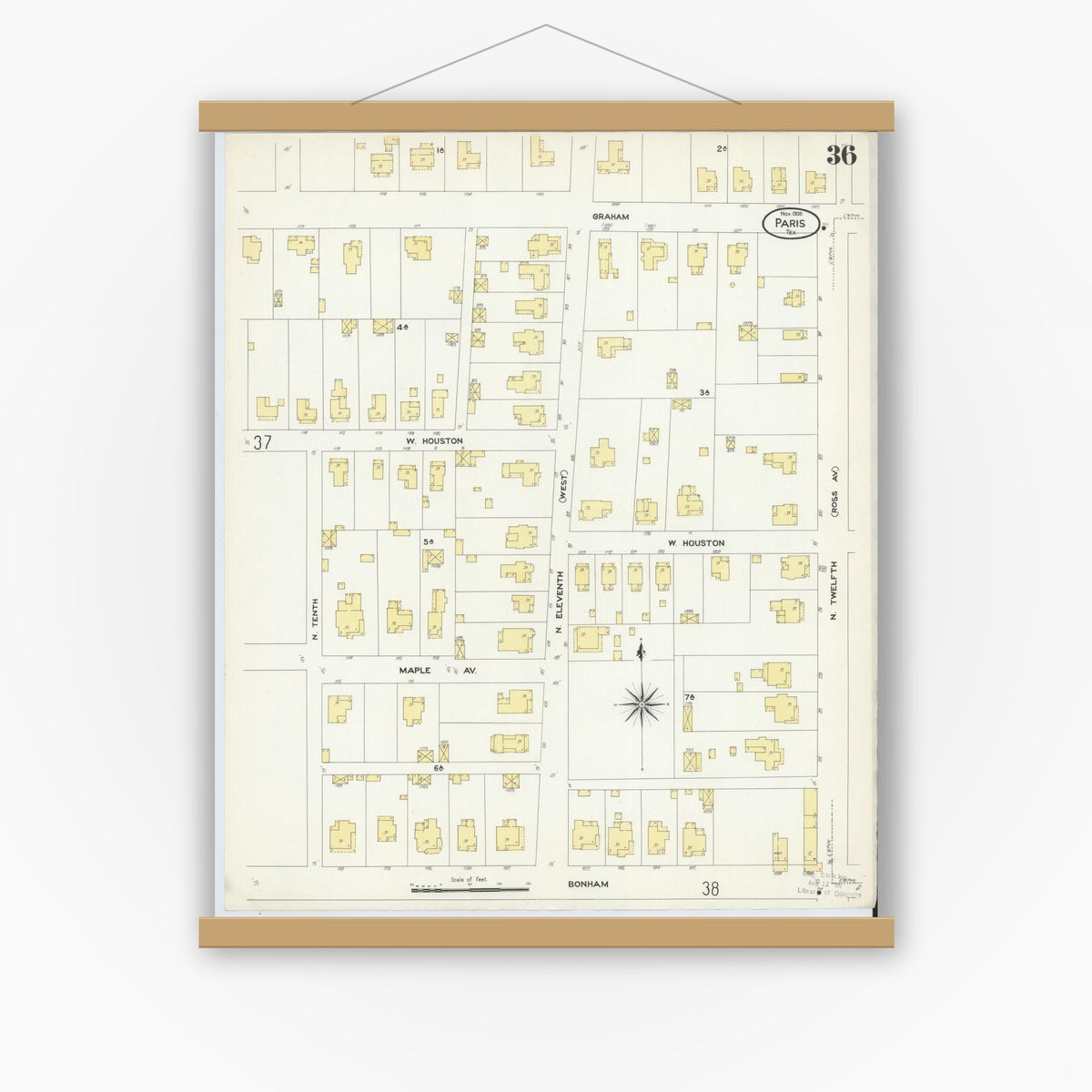 Old map wall art mockup — magnetic wood frame on white wall — Sanborn Fire Insurance Map from Paris, Lamar County, Texas (1908), Sheet #0036