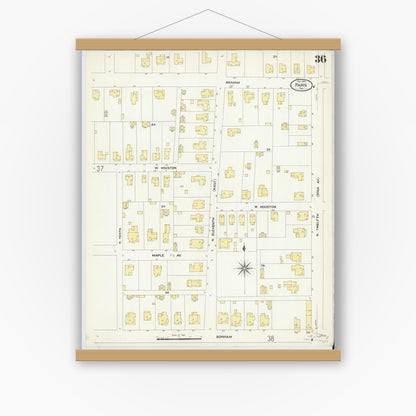 Old map wall art mockup — magnetic wood frame on white wall — Sanborn Fire Insurance Map from Paris, Lamar County, Texas (1908), Sheet #0036