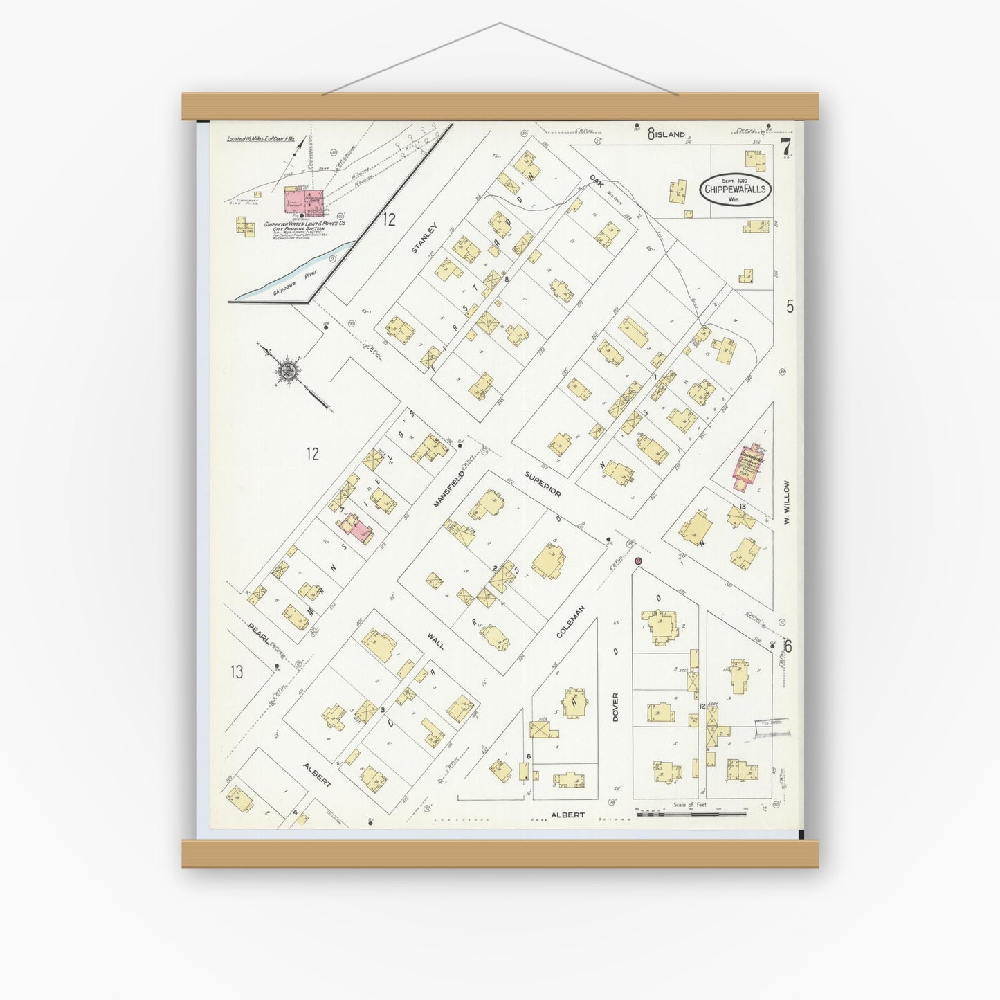 Old map wall art mockup — magnetic wood frame on white wall — Sanborn Fire Insurance Map from Chippewa Falls, Chippewa County, Wisconsin (1910), Sheet #0007