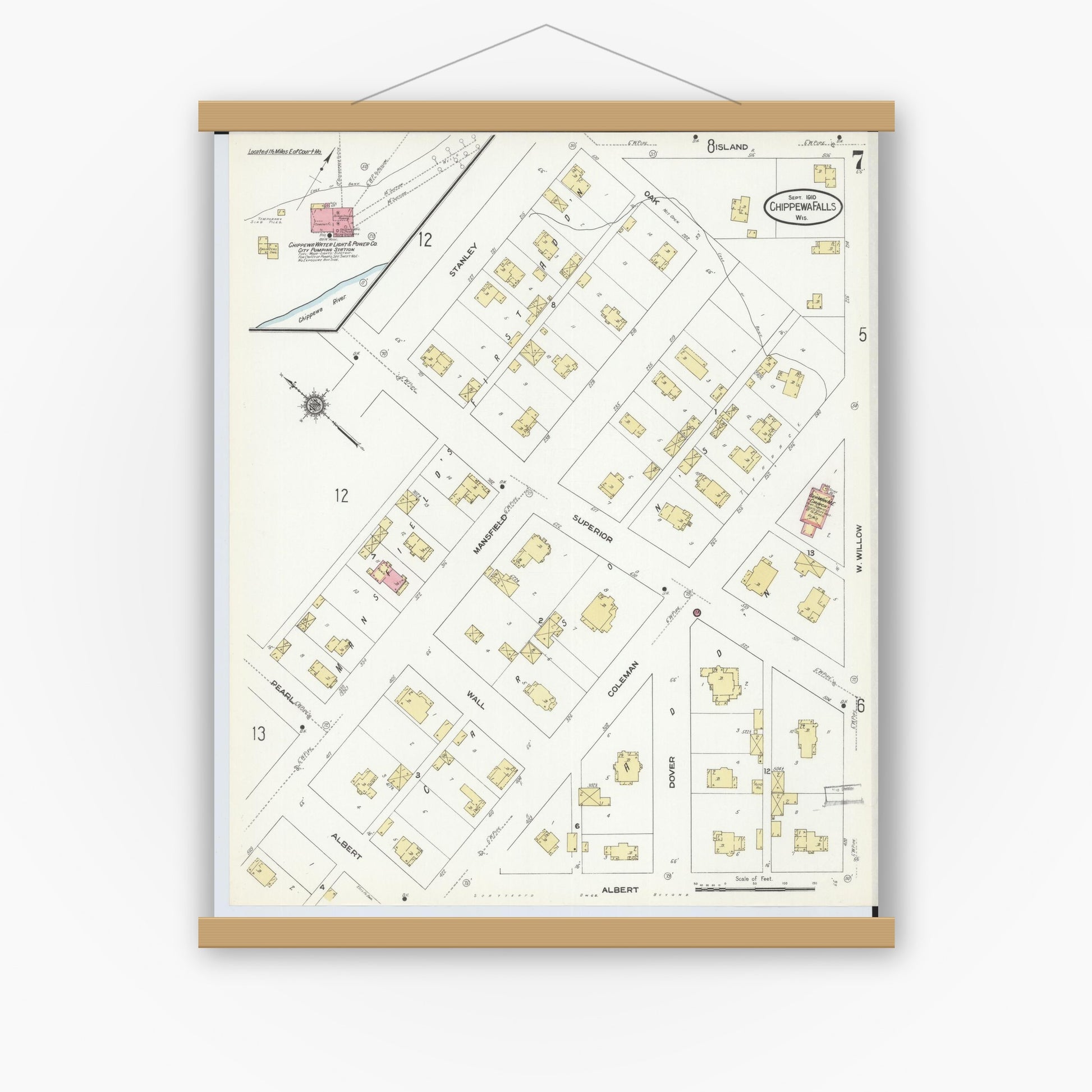 Old map wall art mockup — magnetic wood frame on white wall — Sanborn Fire Insurance Map from Chippewa Falls, Chippewa County, Wisconsin (1910), Sheet #0007