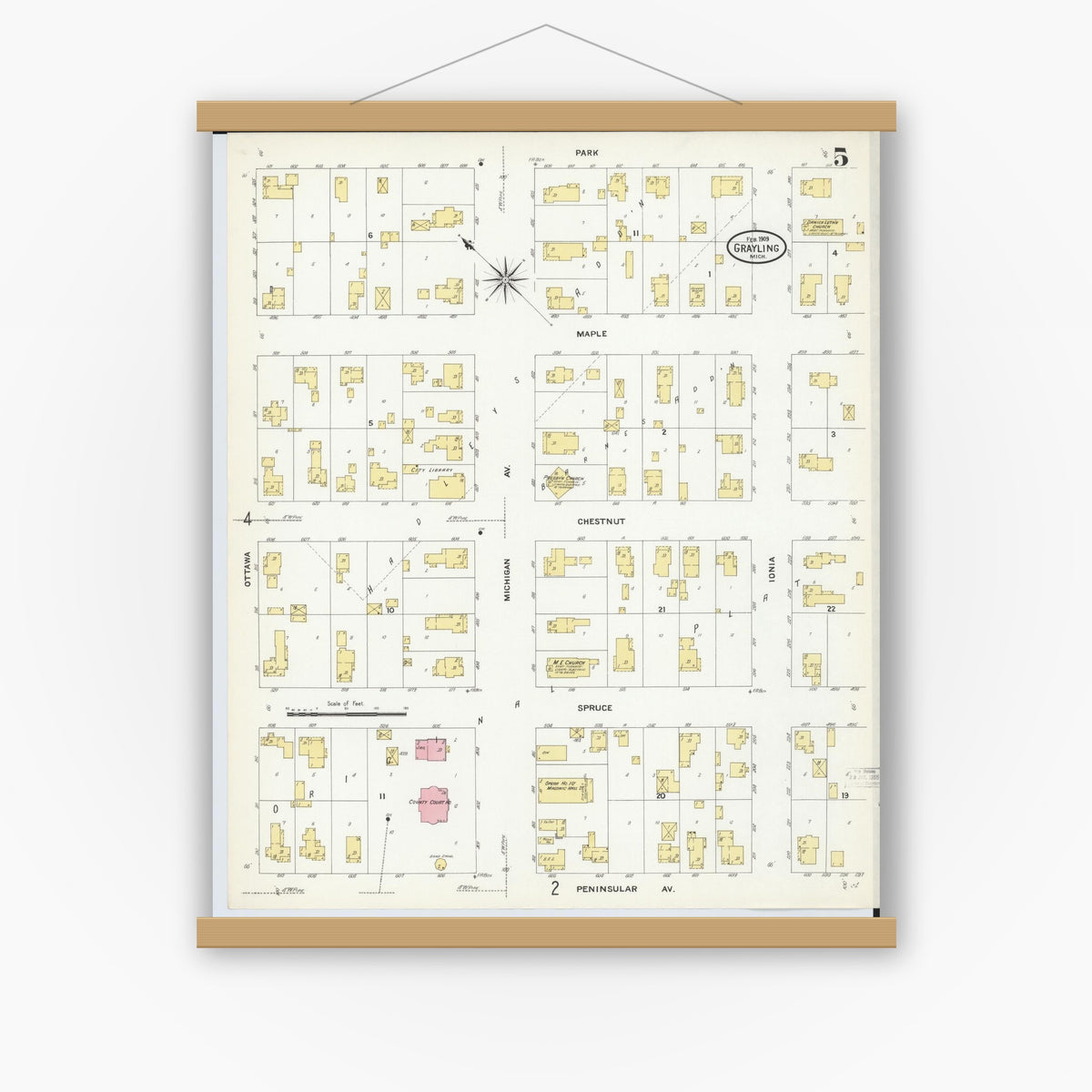 Old map wall art mockup — magnetic wood frame on white wall — Sanborn Fire Insurance Map from Grayling, Crawford County, Michigan (1909), Sheet #0005