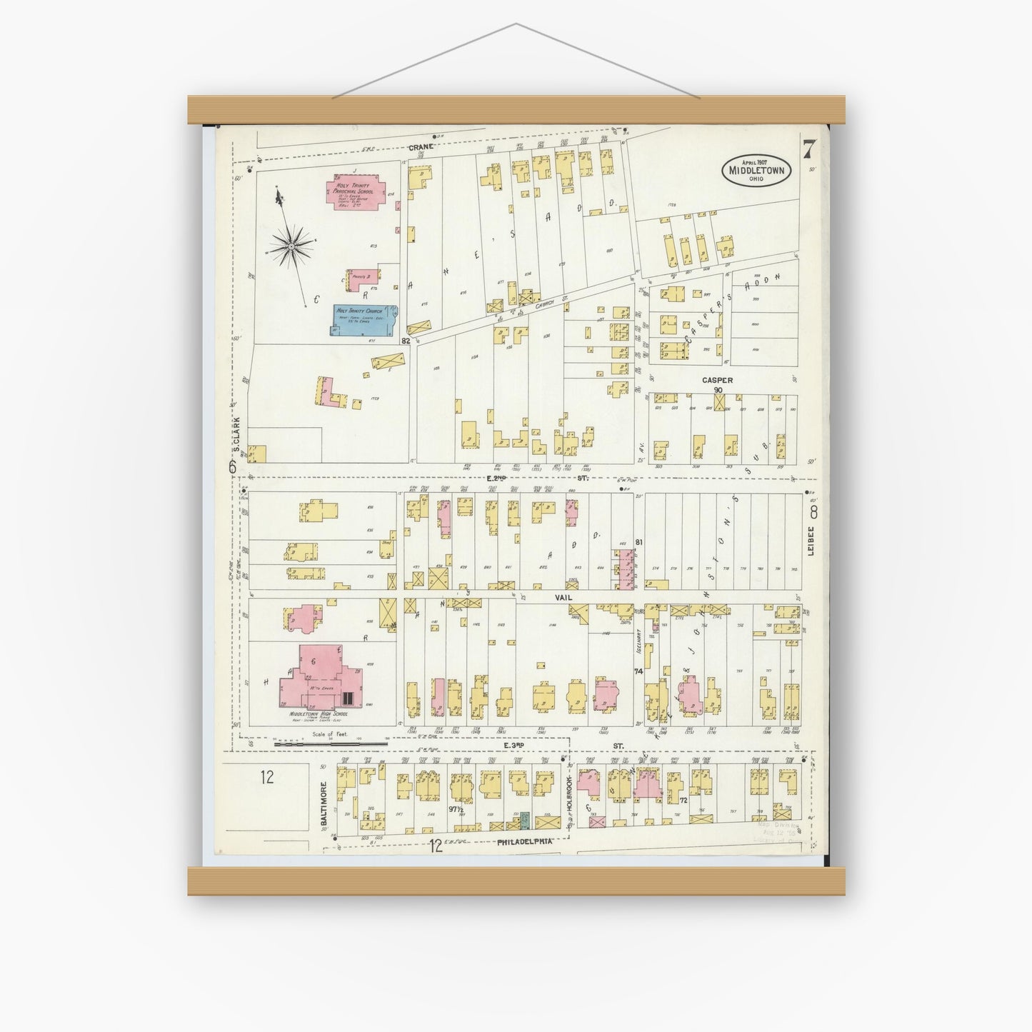 Old map wall art mockup — magnetic wood frame on white wall — Sanborn Fire Insurance Map from Middletown, Butler County, Ohio (1907), Sheet #0007